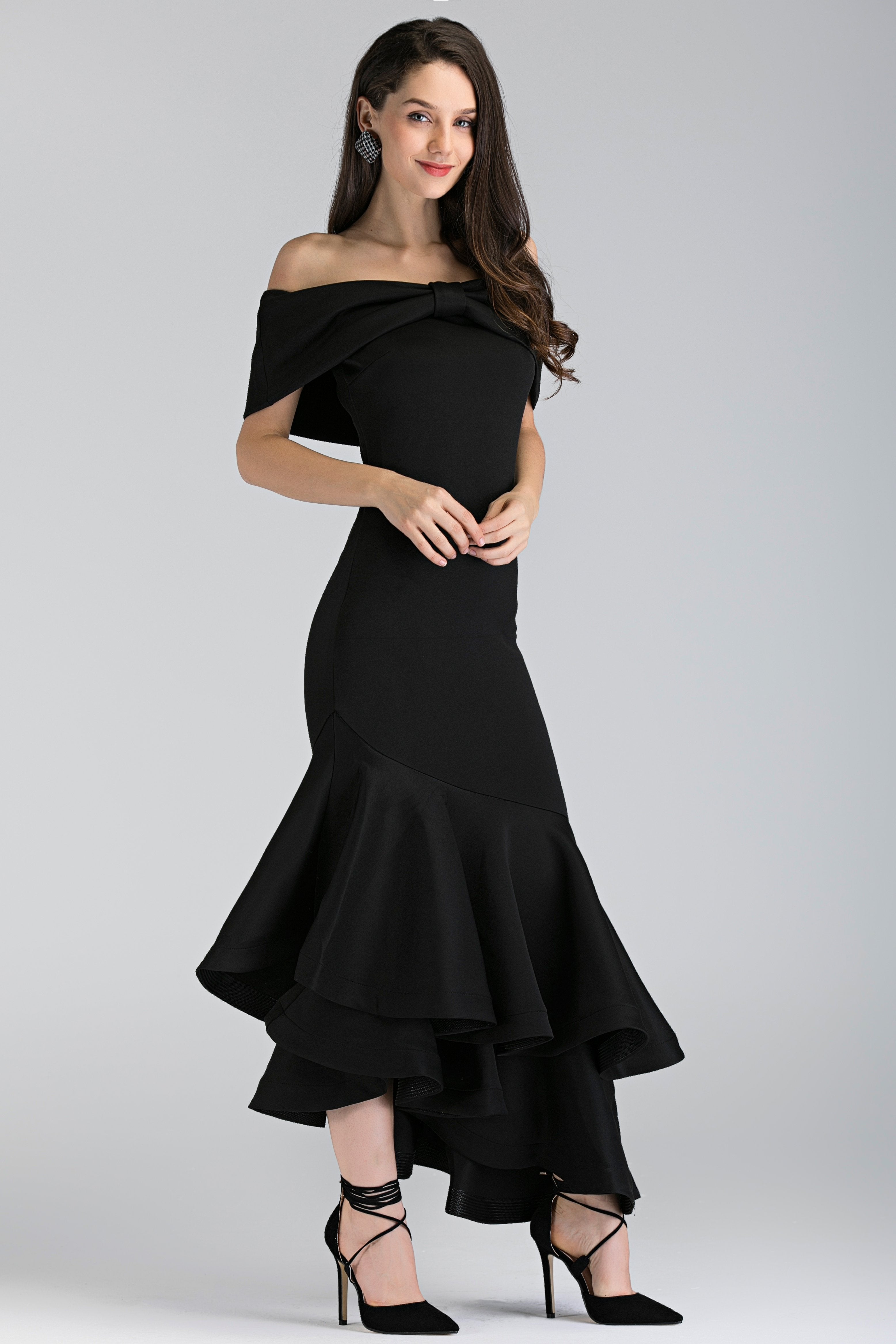 Black Magnolia Off the Shoulder Mermaid Maxi Dress