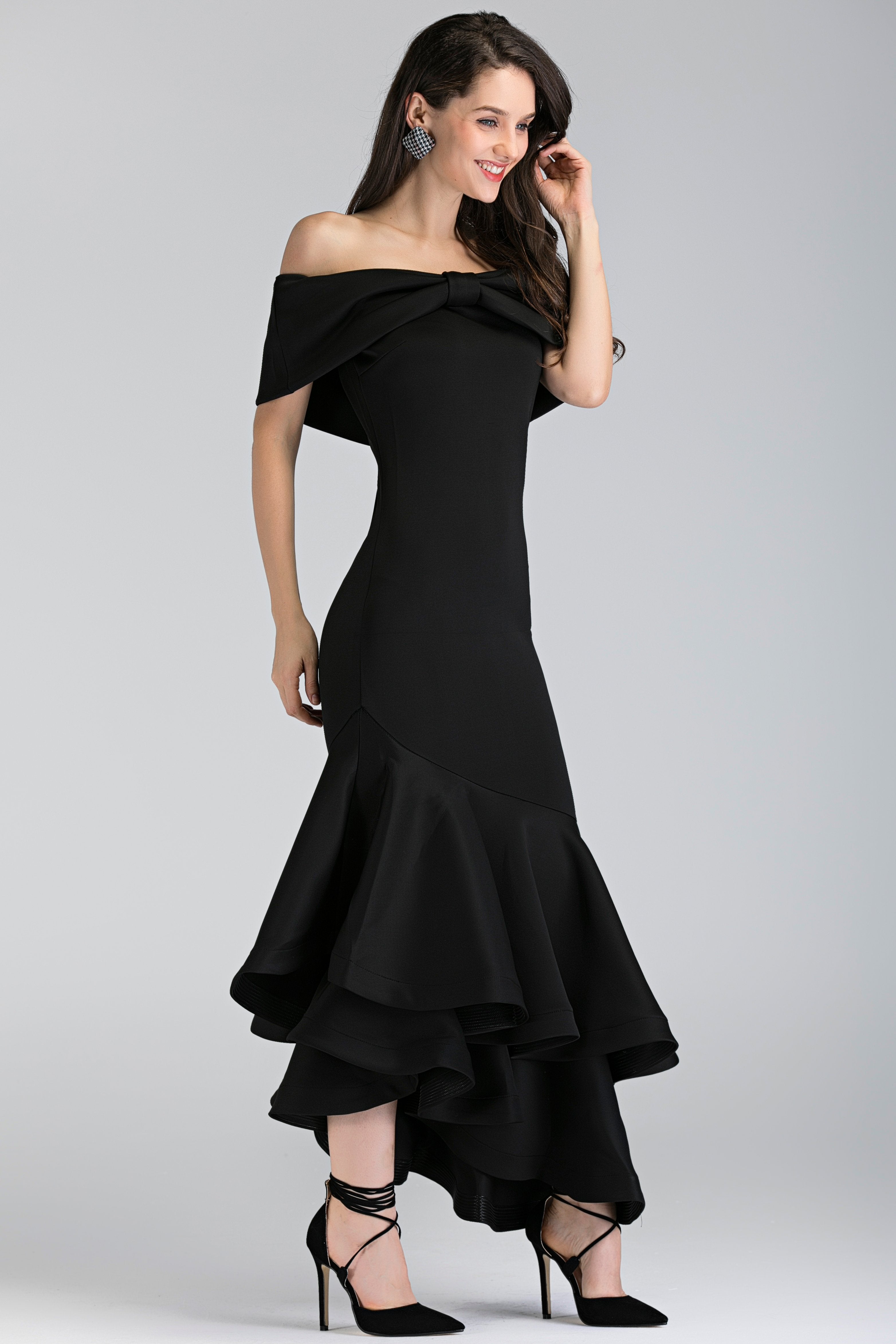 Black Magnolia Off the Shoulder Mermaid Maxi Dress