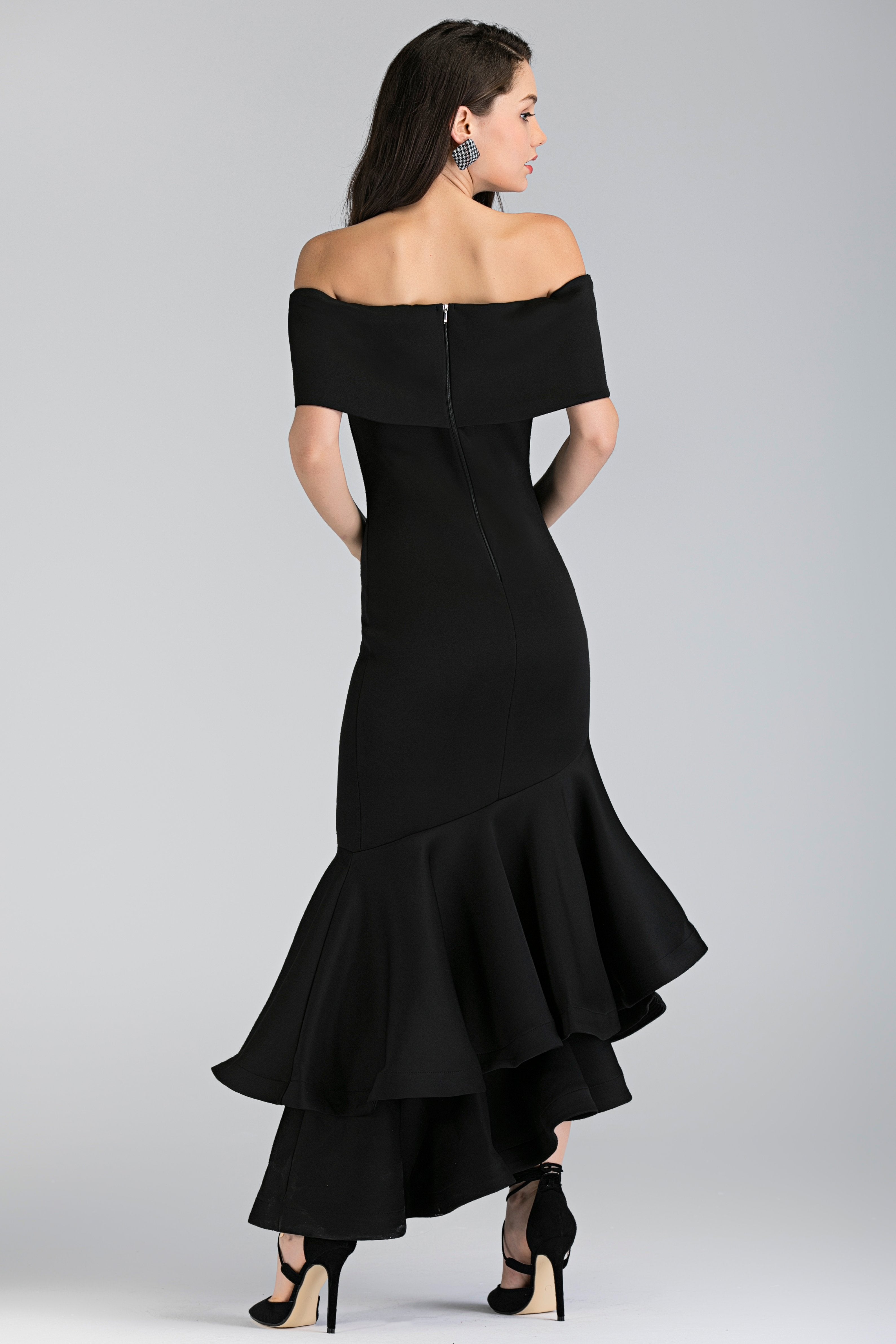 Black Magnolia Off the Shoulder Mermaid Maxi Dress