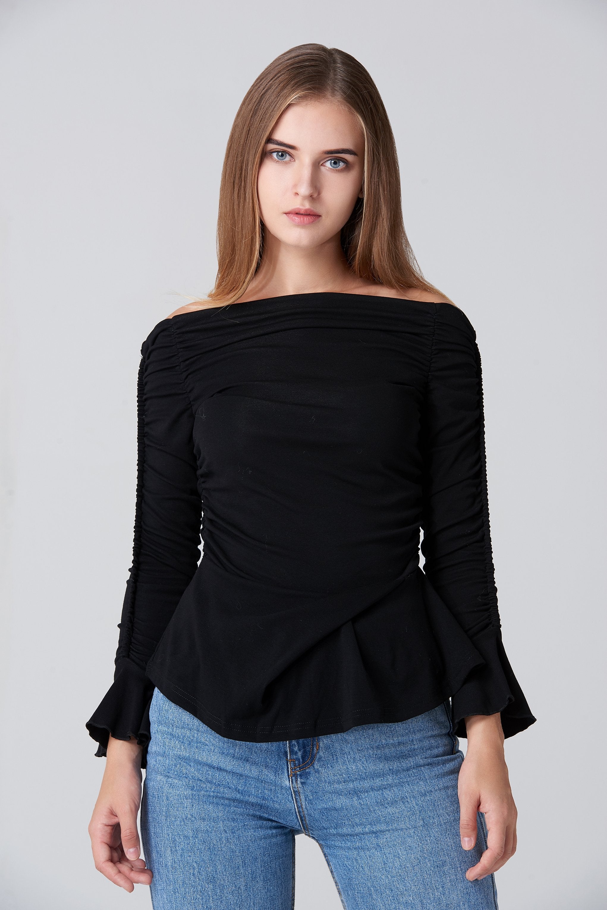 Black Off the Shoulder Gathered Sleeve Peplum Top