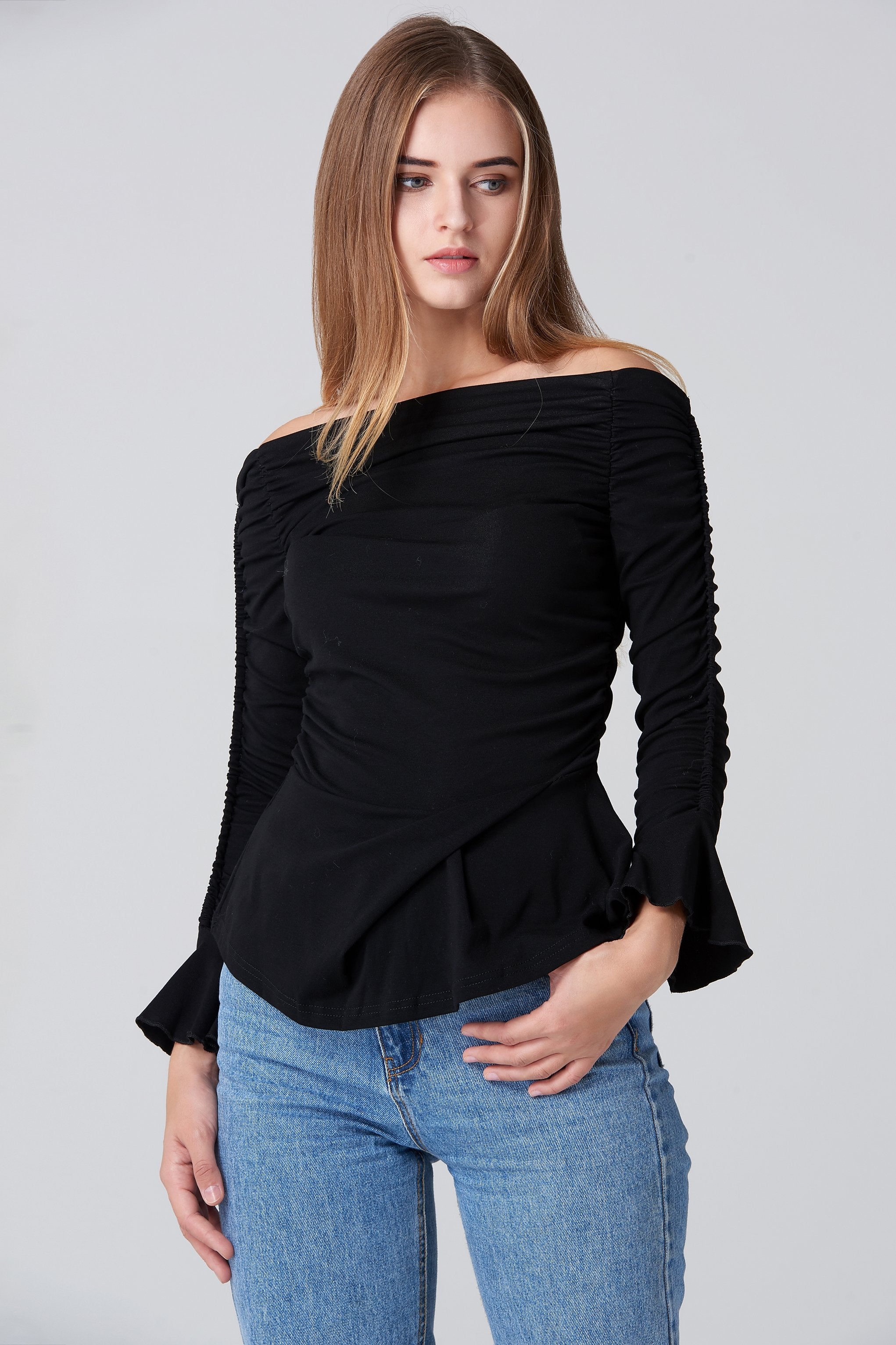 Black Off the Shoulder Gathered Sleeve Peplum Top