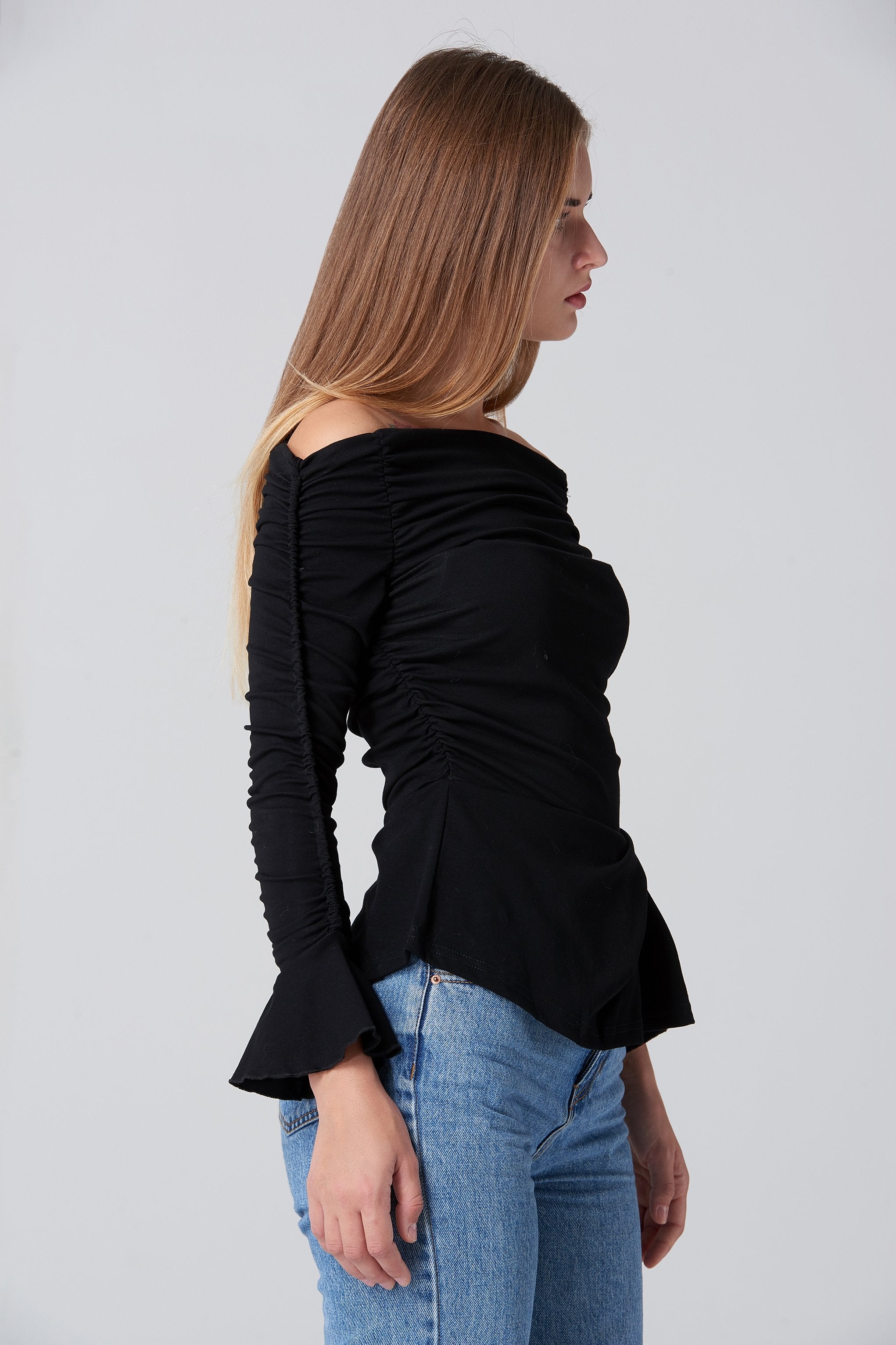 Black Off the Shoulder Gathered Sleeve Peplum Top