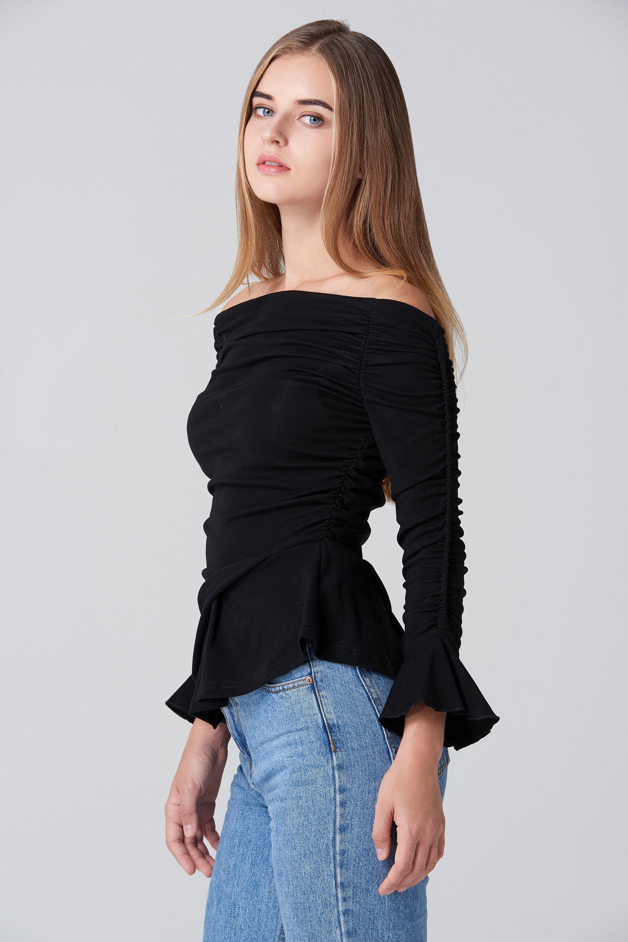 Black Off the Shoulder Gathered Sleeve Peplum Top