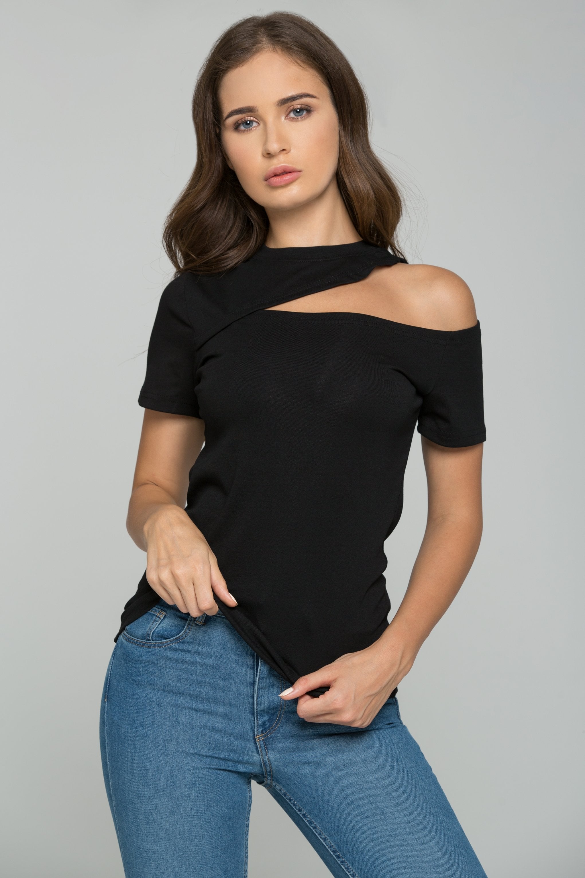 Black One Shoulder Cut-out Sleeve Top