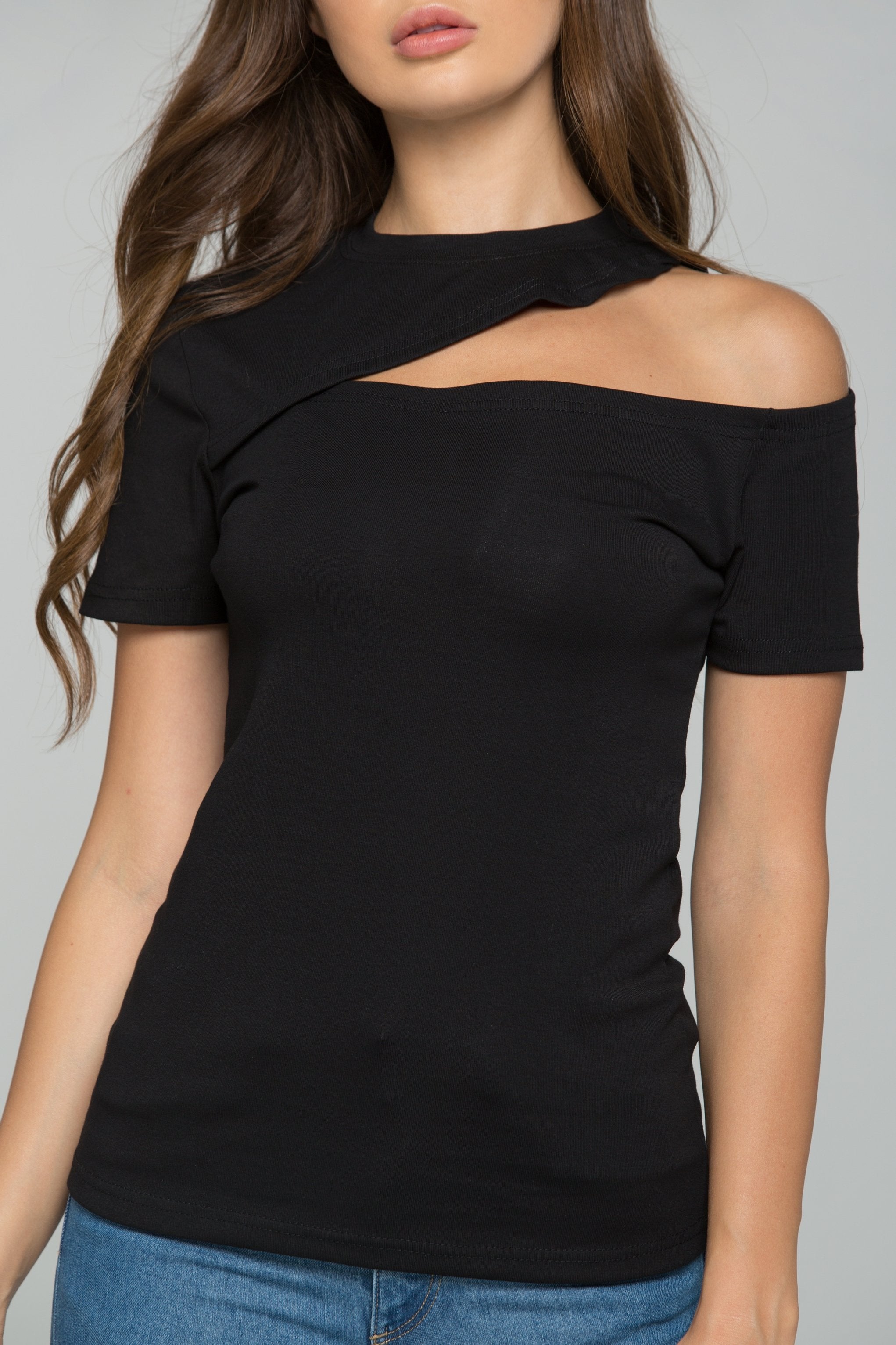 Black One Shoulder Cut-out Sleeve Top