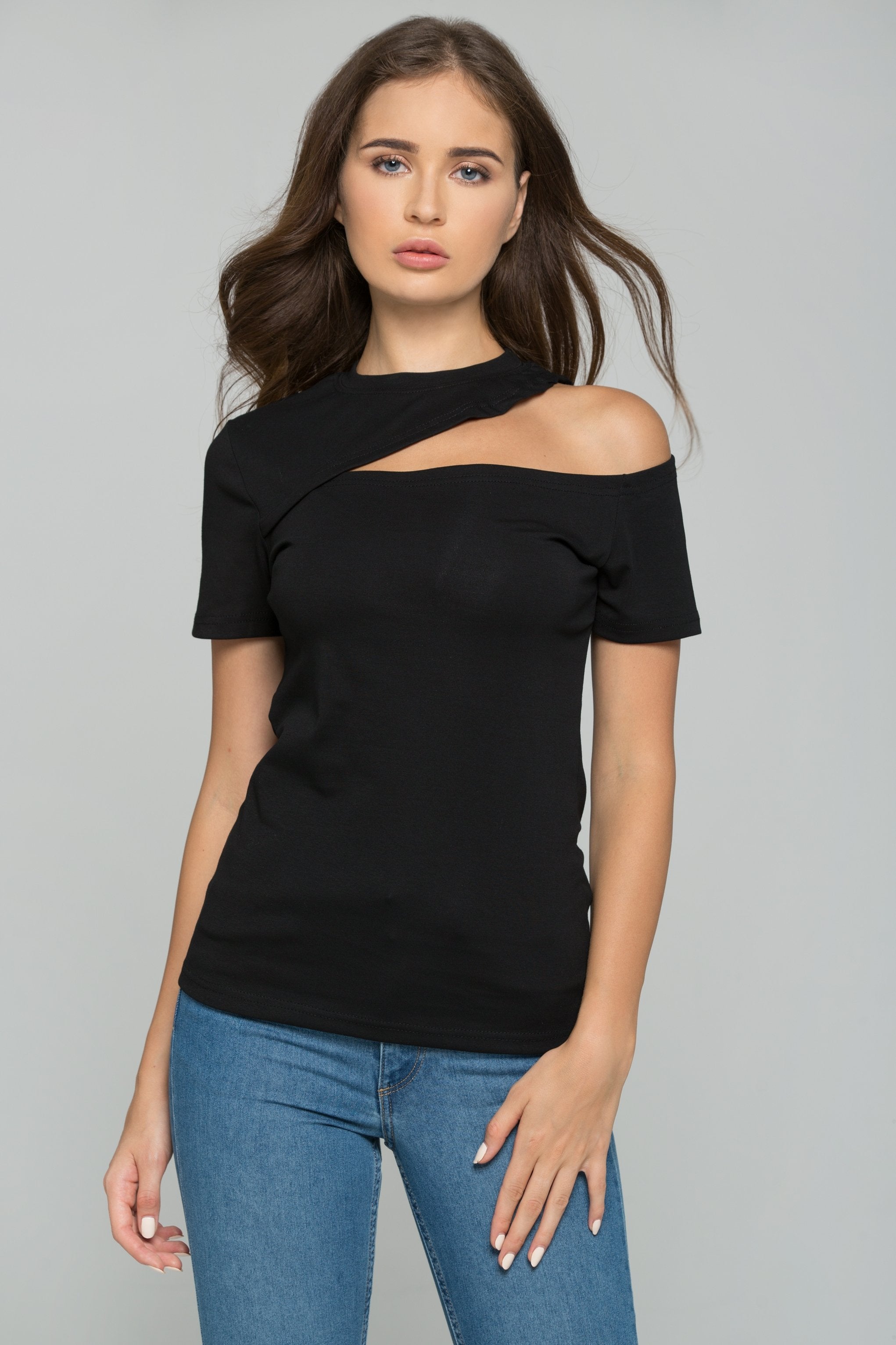 Black One Shoulder Cut-out Sleeve Top