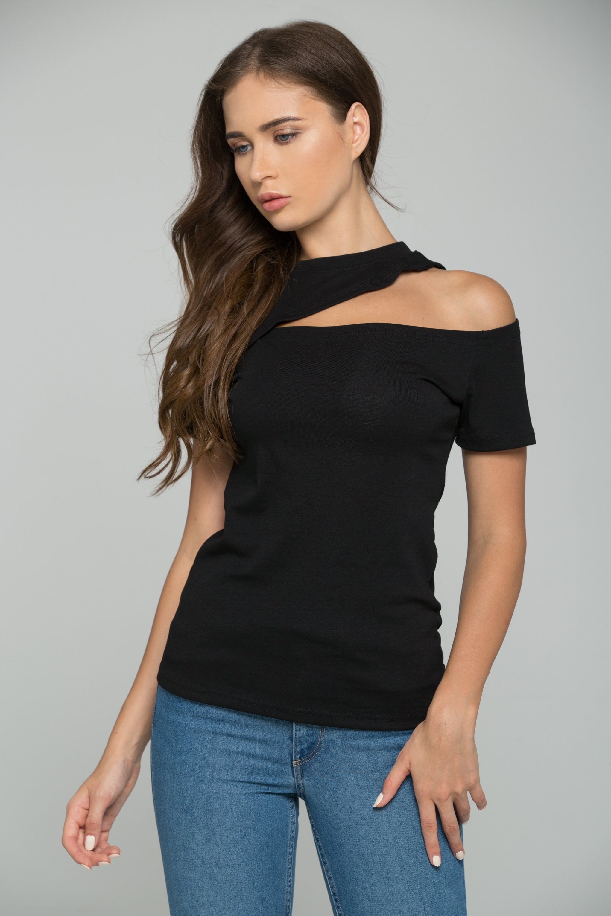 Black One Shoulder Cut-out Sleeve Top