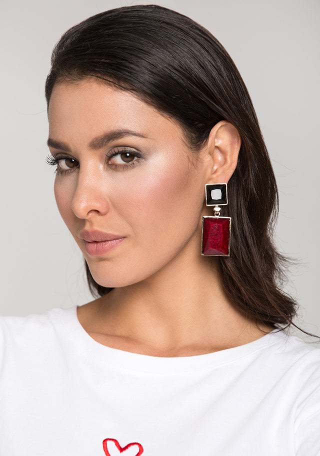 Black Onyx and Coral Earrings