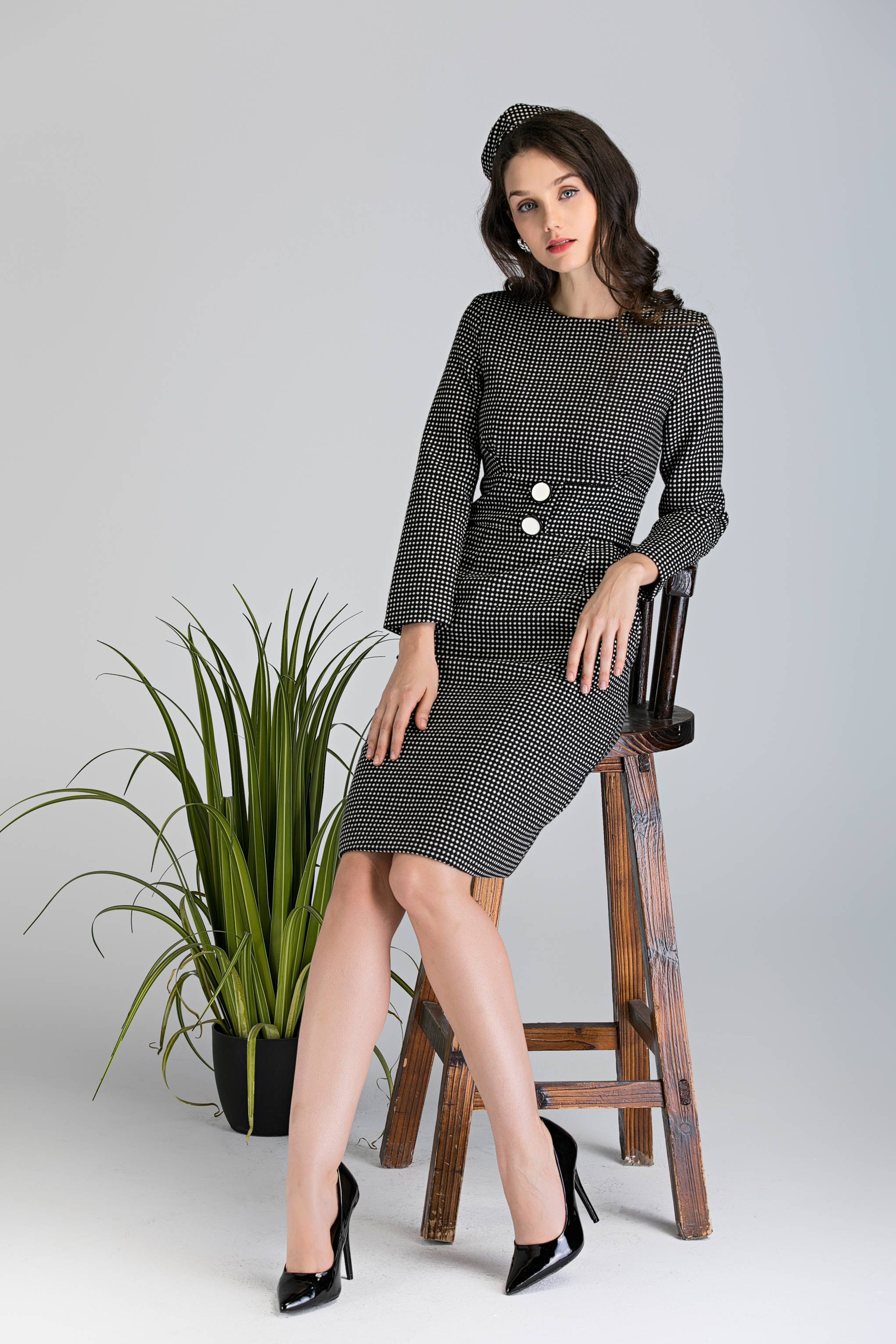 Black Parisian Polka Dot Midi Dress with Beret