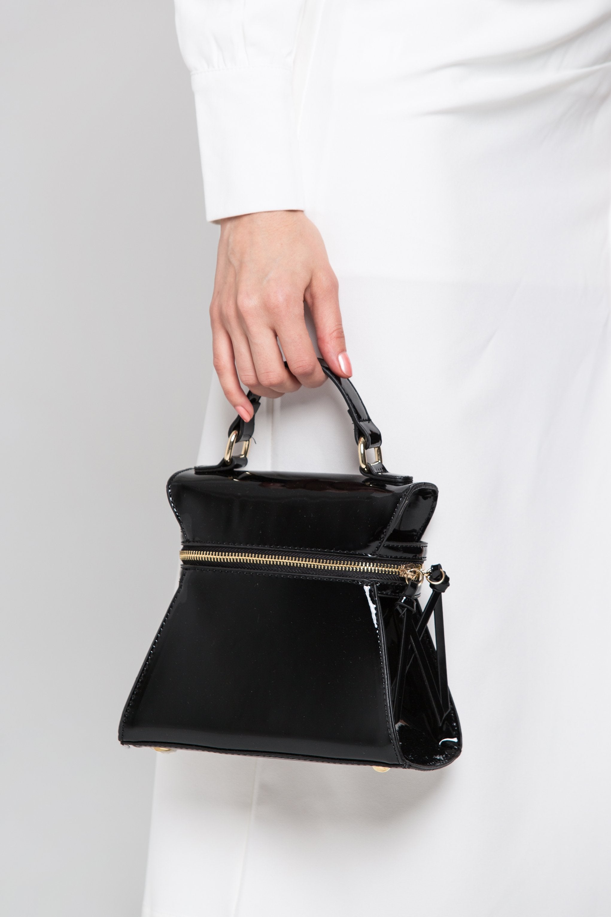 Black Patent Trapezoid Mini Bag