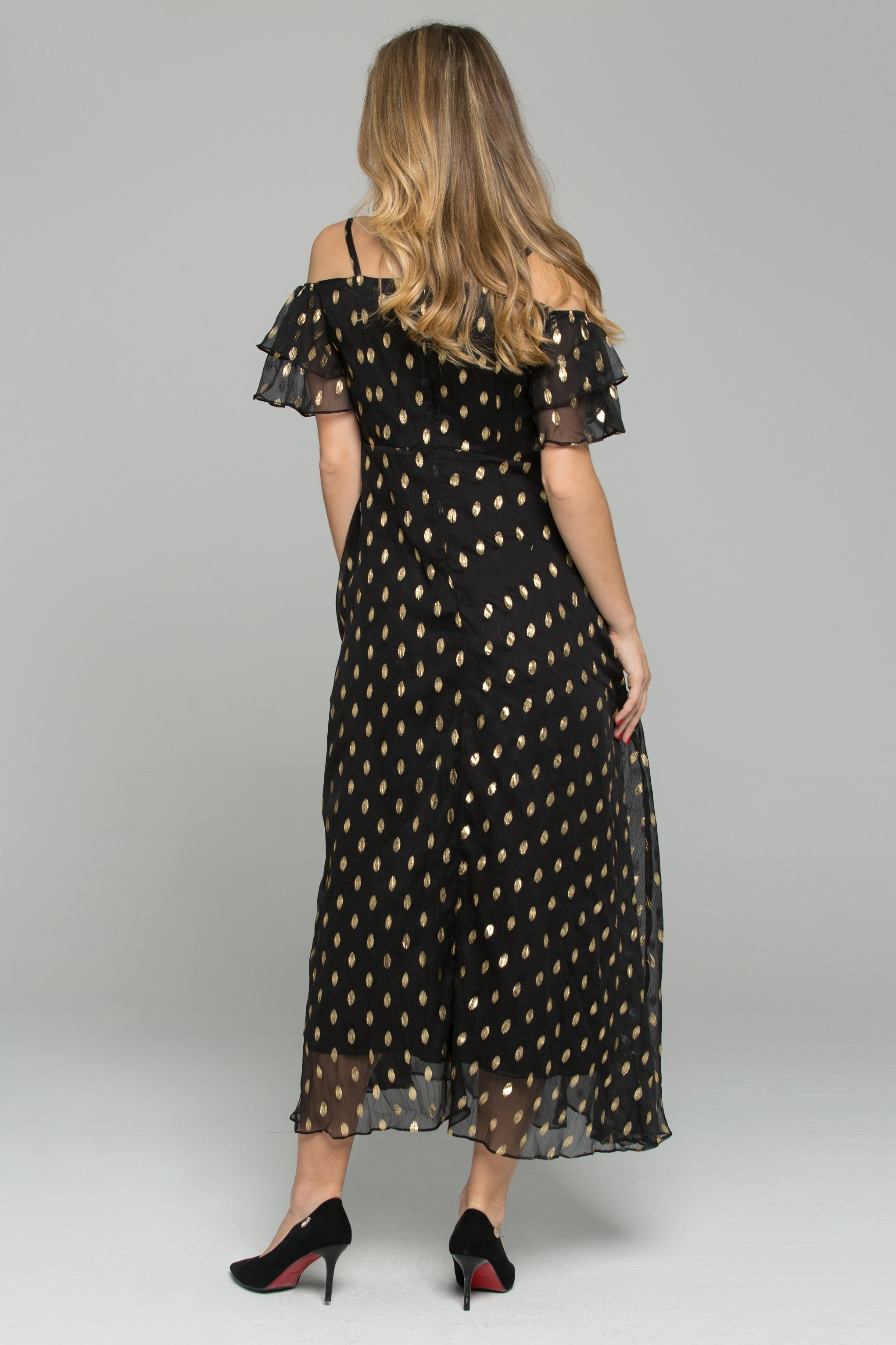 Black Polka Dot Print Cold Shoulder Ruffled Maxi Dress