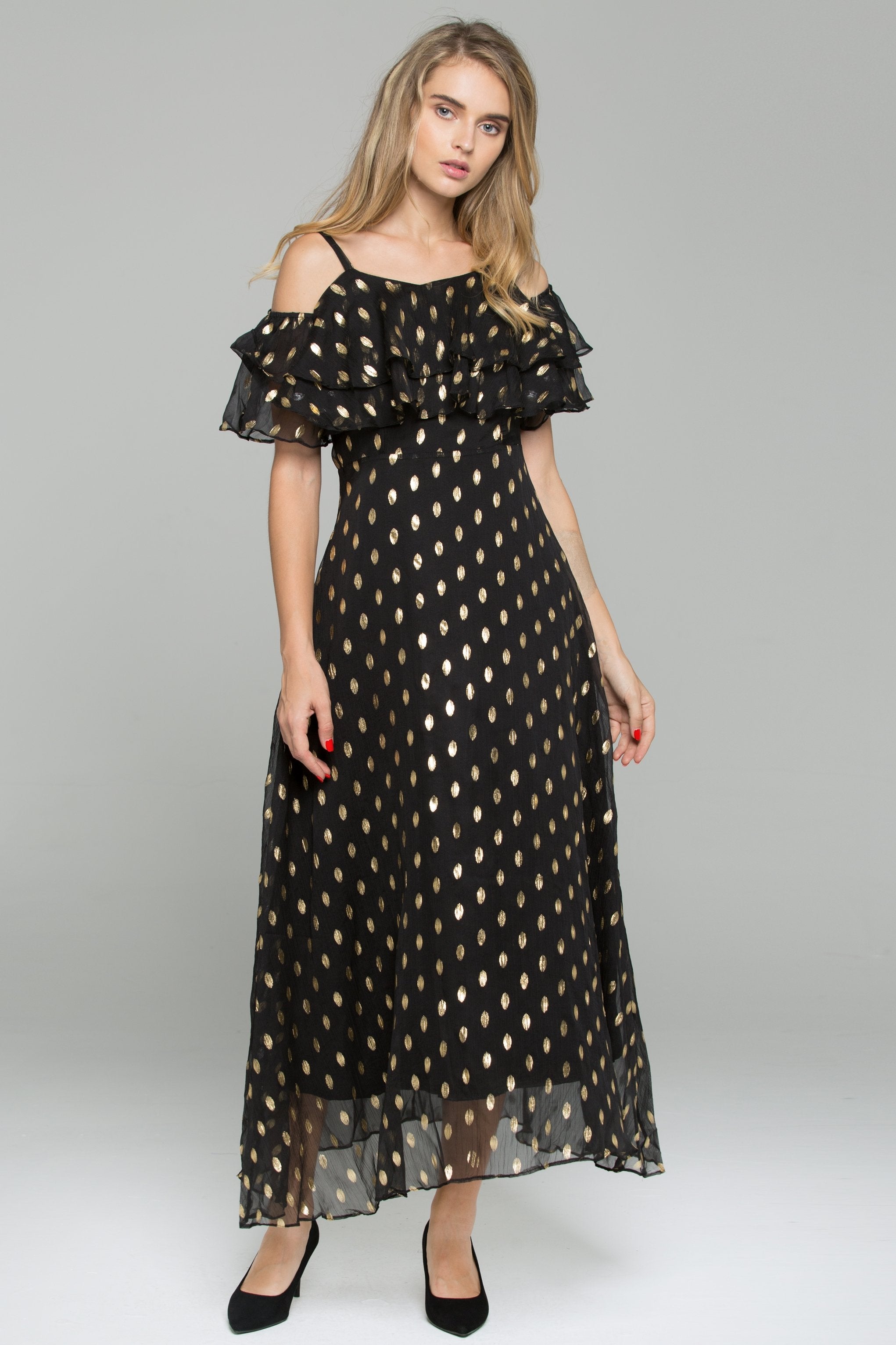 Black Polka Dot Print Cold Shoulder Ruffled Maxi Dress