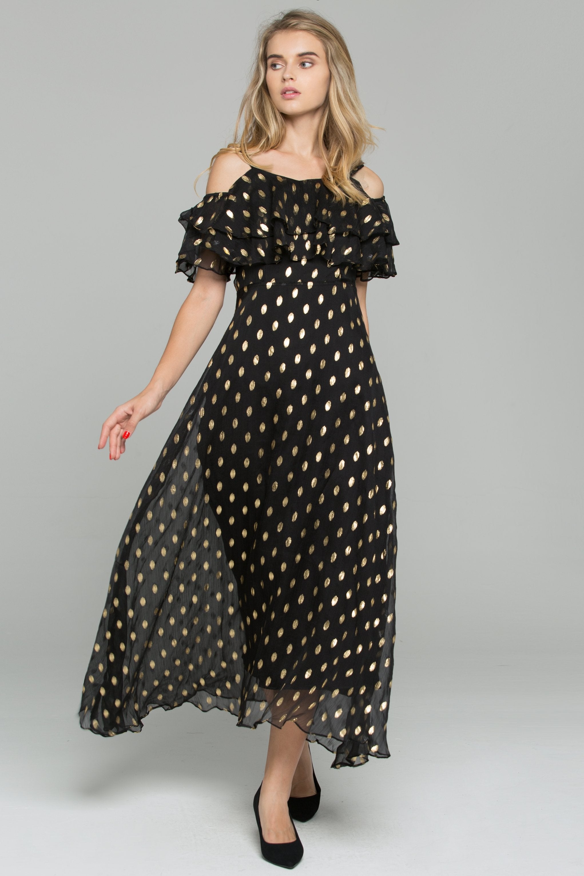 Black Polka Dot Print Cold Shoulder Ruffled Maxi Dress
