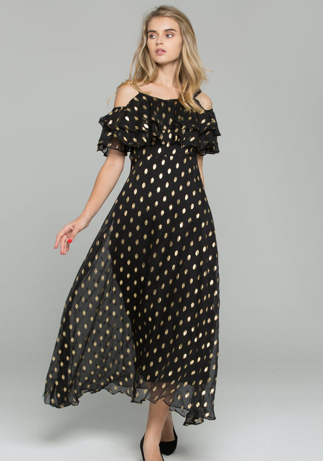 Black Polka Dot Print Cold Shoulder Ruffled Maxi Dress