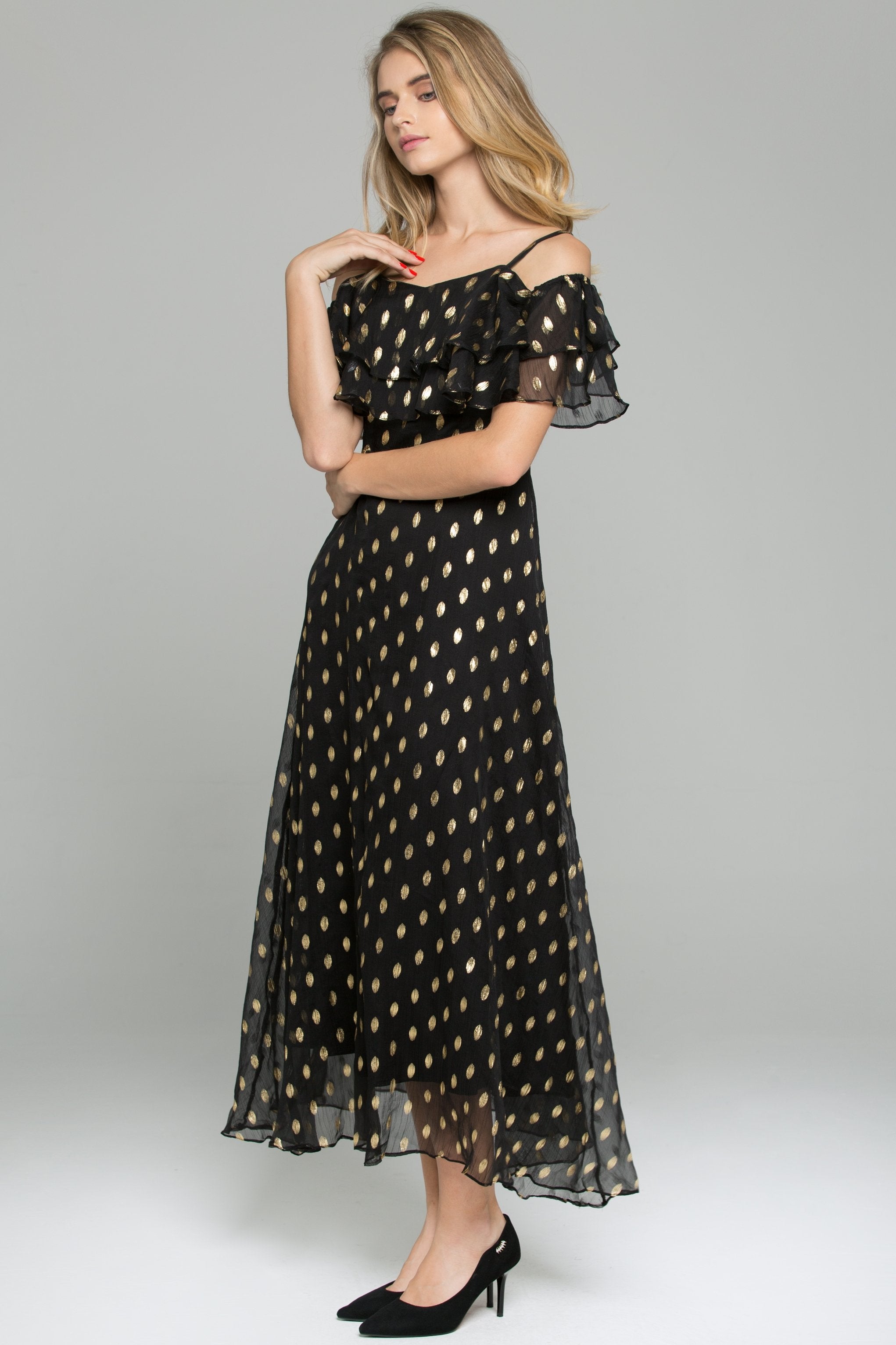Black Polka Dot Print Cold Shoulder Ruffled Maxi Dress