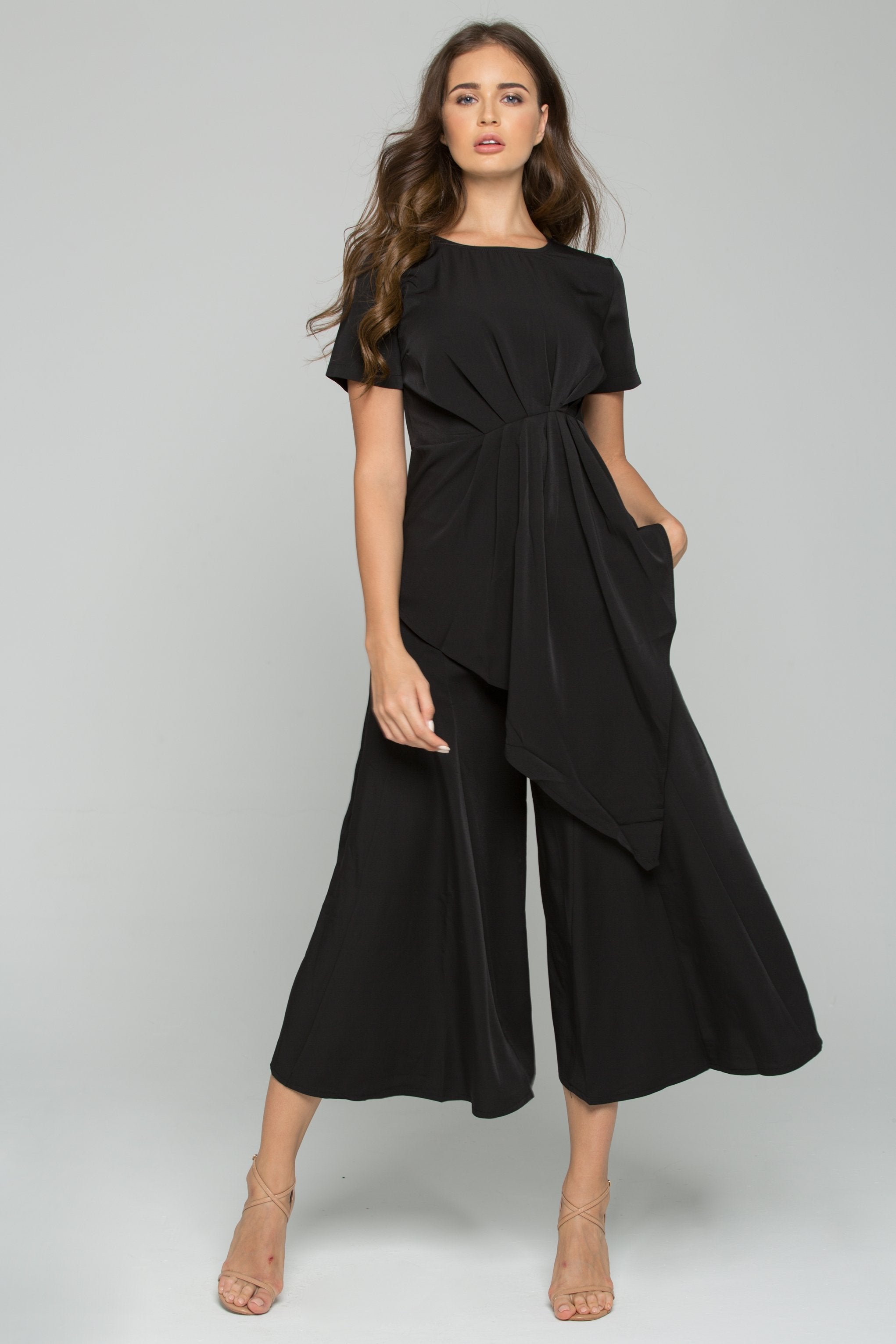 Black Polyester Pleated Palazzo Co-ord