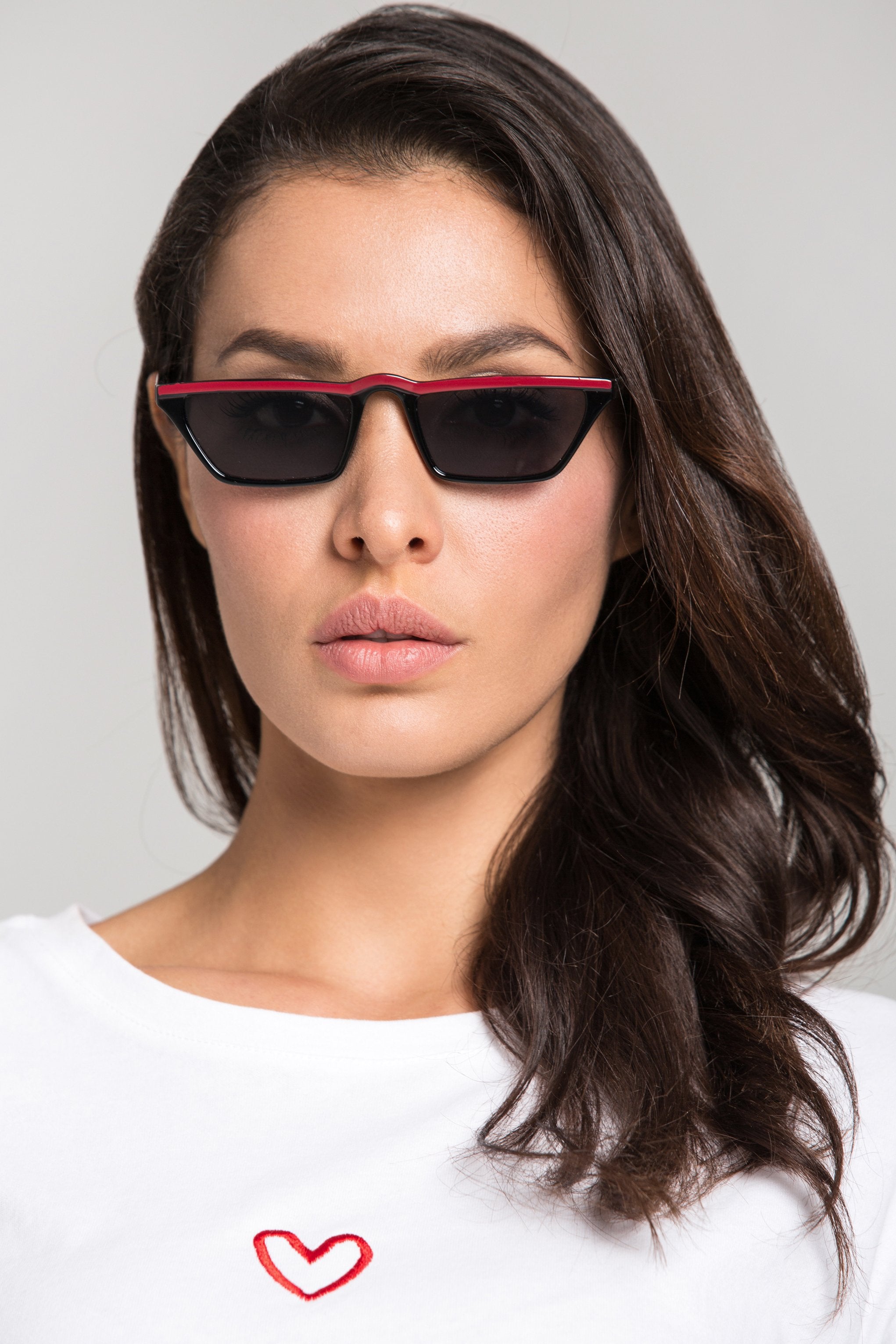 Black Red Top Slim Rectangle Sunglasses