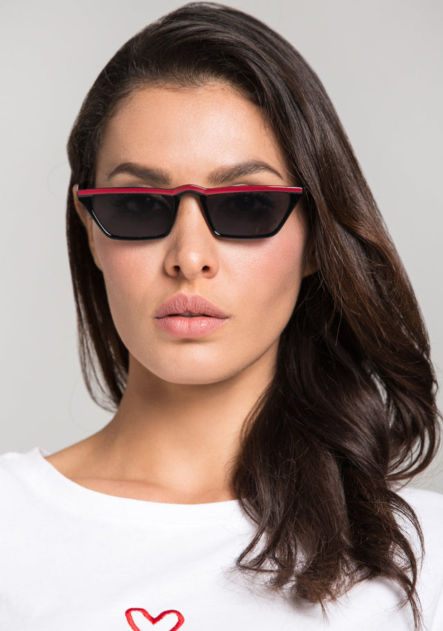 Black Red Top Slim Rectangle Sunglasses