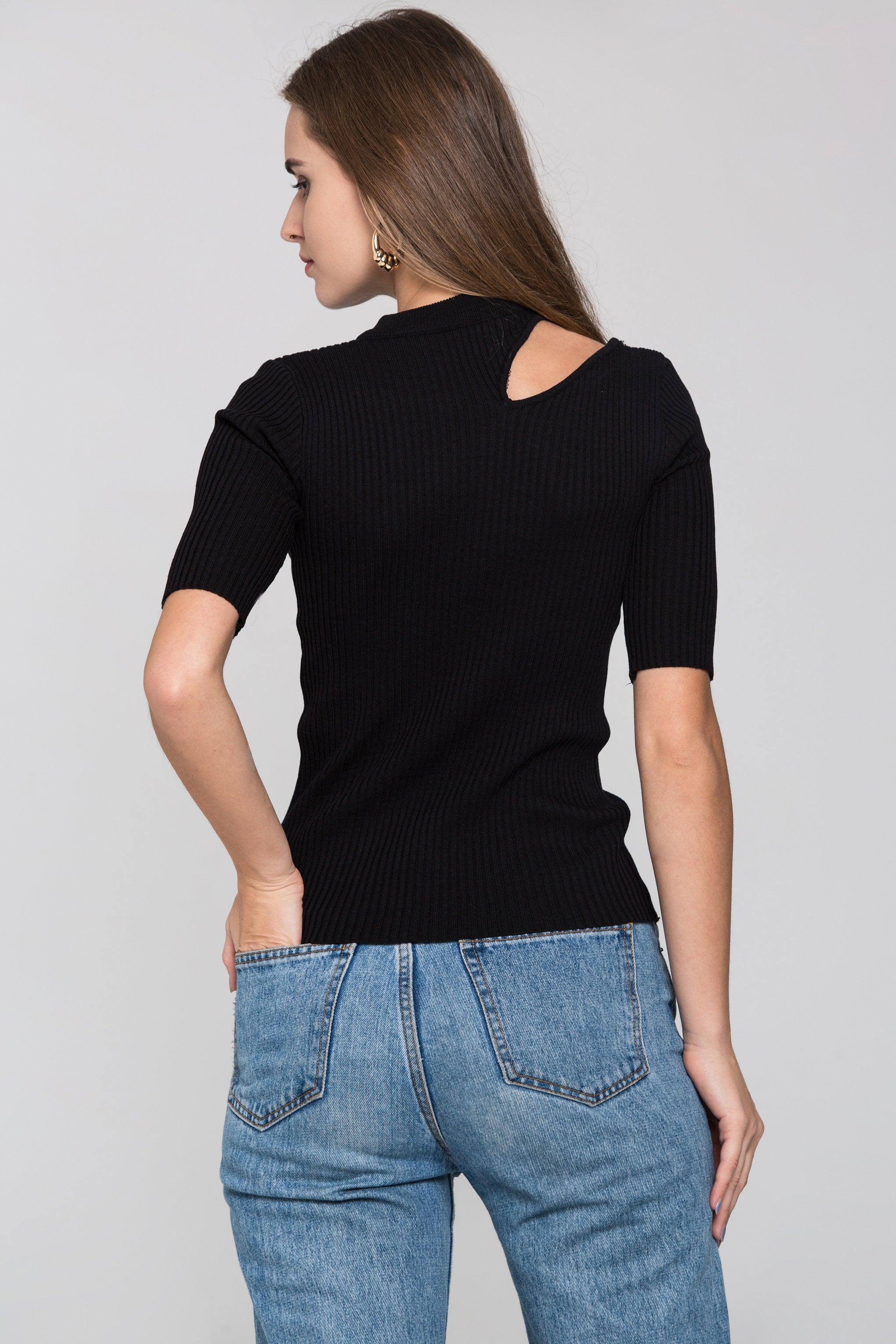 Black Ribbed One Shoulder Cut-out Top