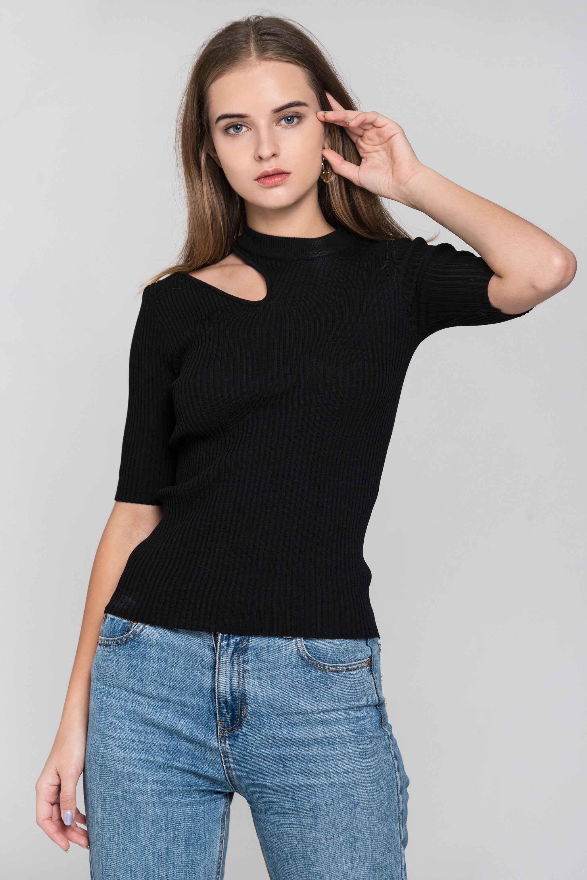 Black Ribbed One Shoulder Cut-out Top