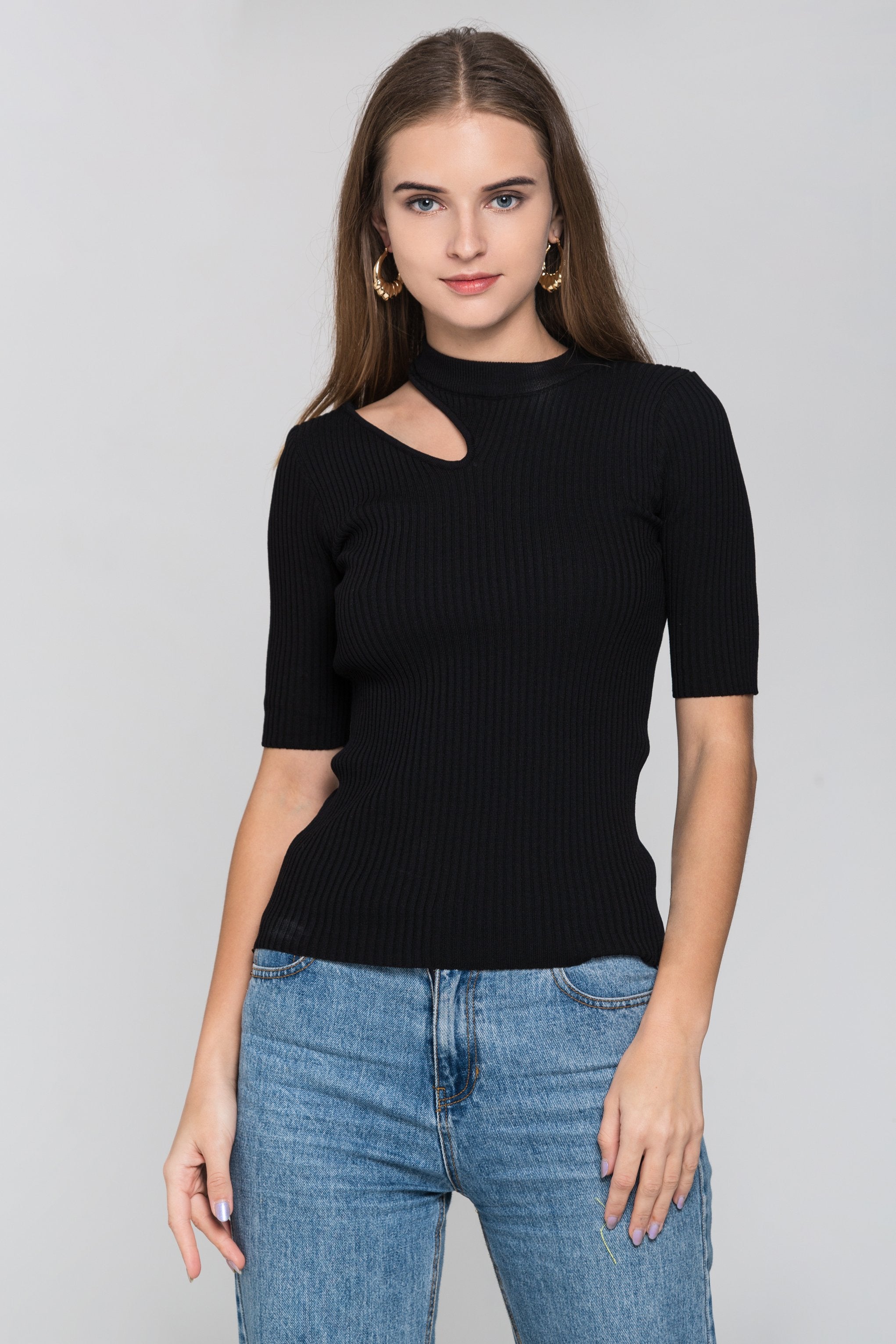 Black Ribbed One Shoulder Cut-out Top