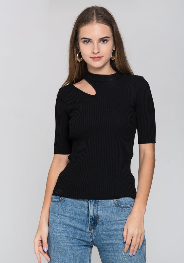 Black Ribbed One Shoulder Cut-out Top