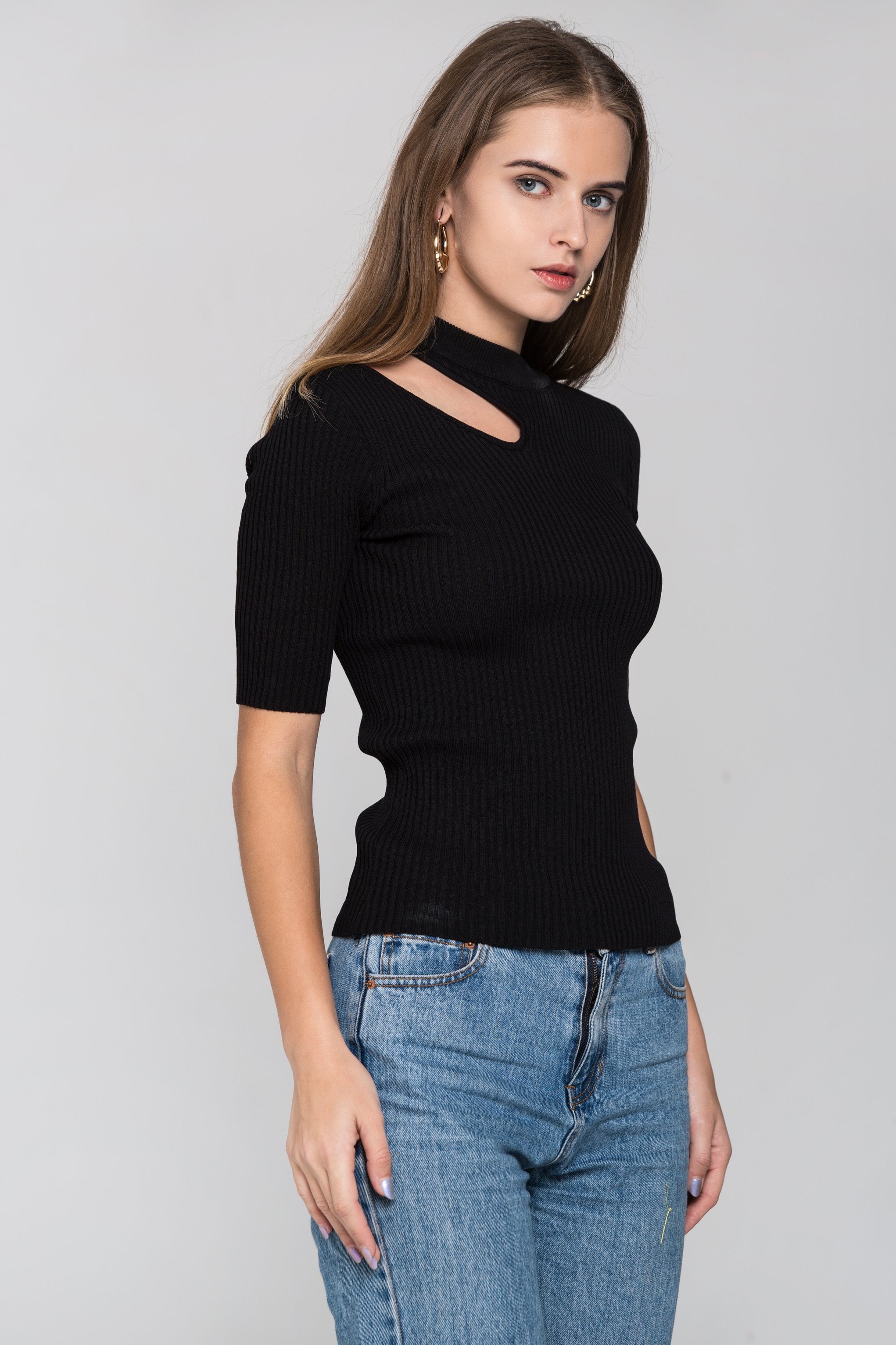 Black Ribbed One Shoulder Cut-out Top