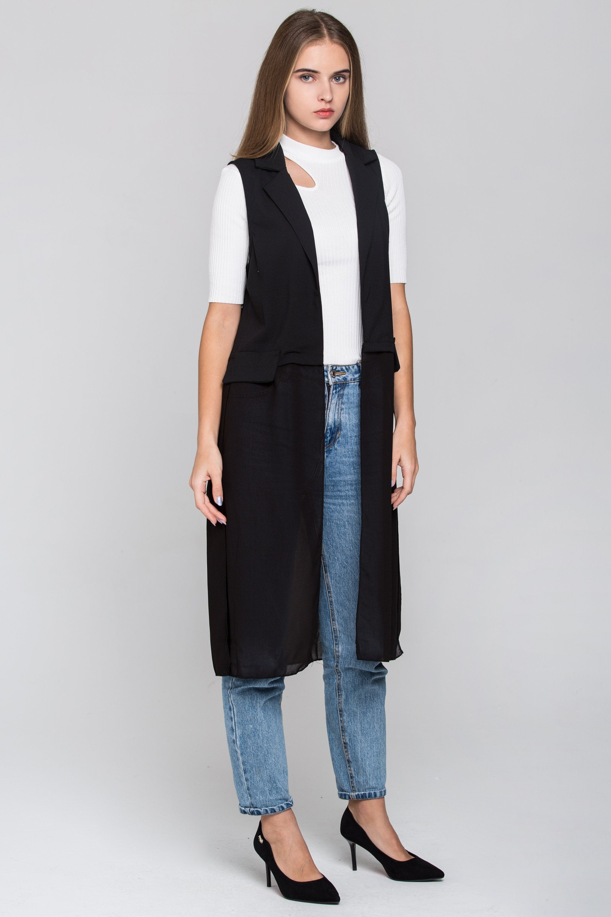 Black Sheer Hem Long Vest