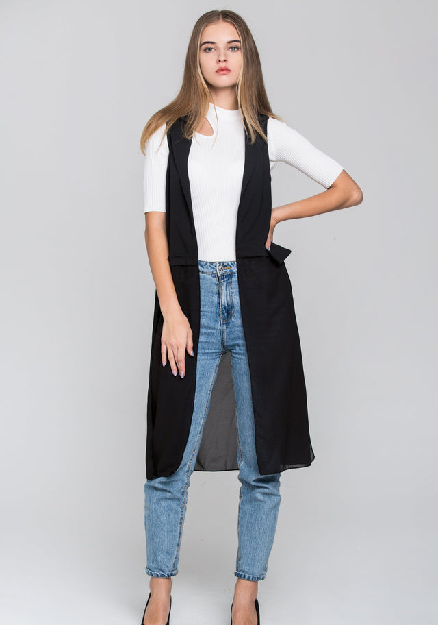 Black Sheer Hem Long Vest