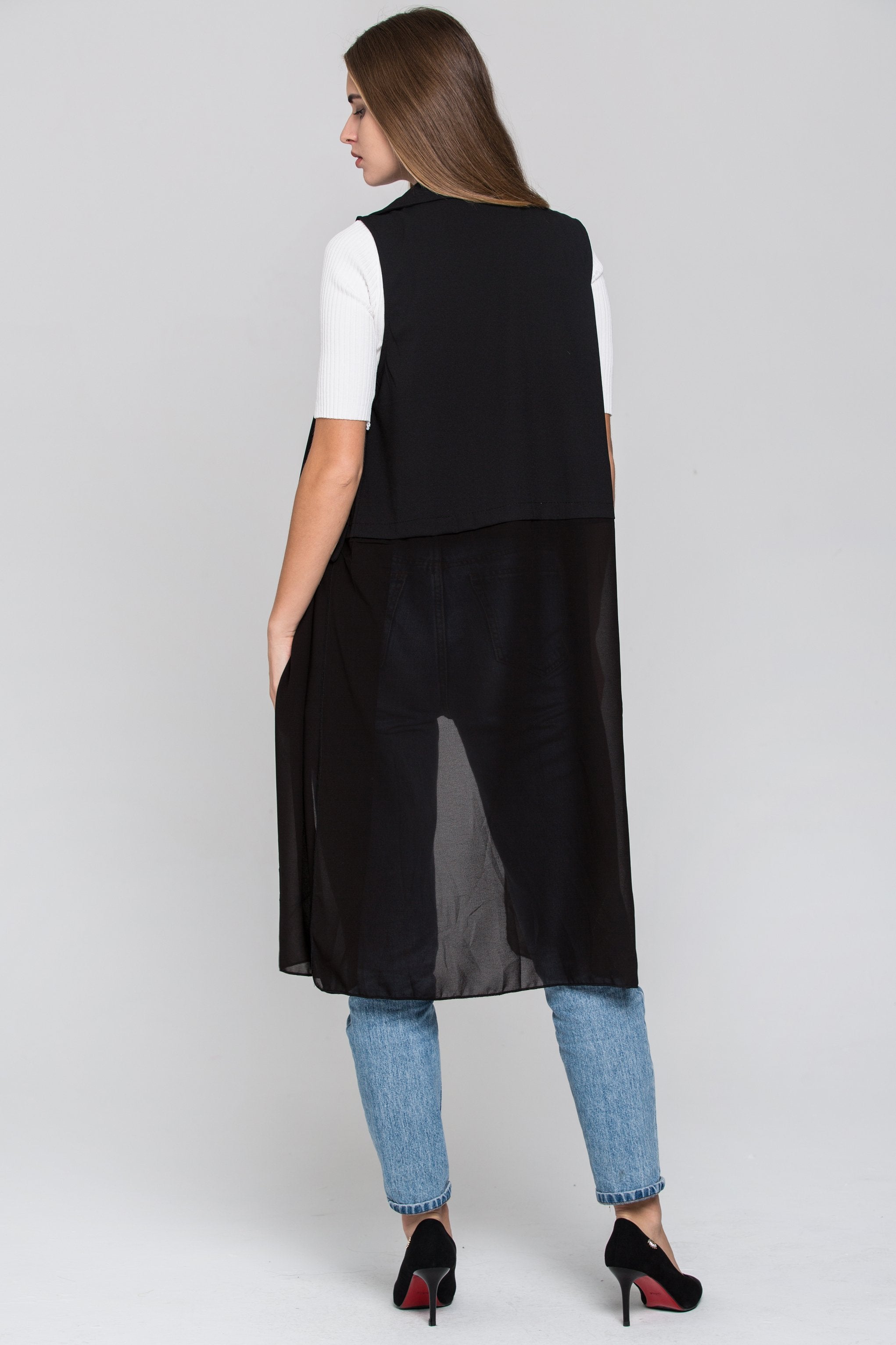 Black Sheer Hem Long Vest