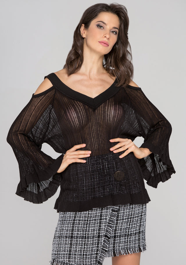 Black Sheer Knit Flare Sleeve Cold Shoulder Top