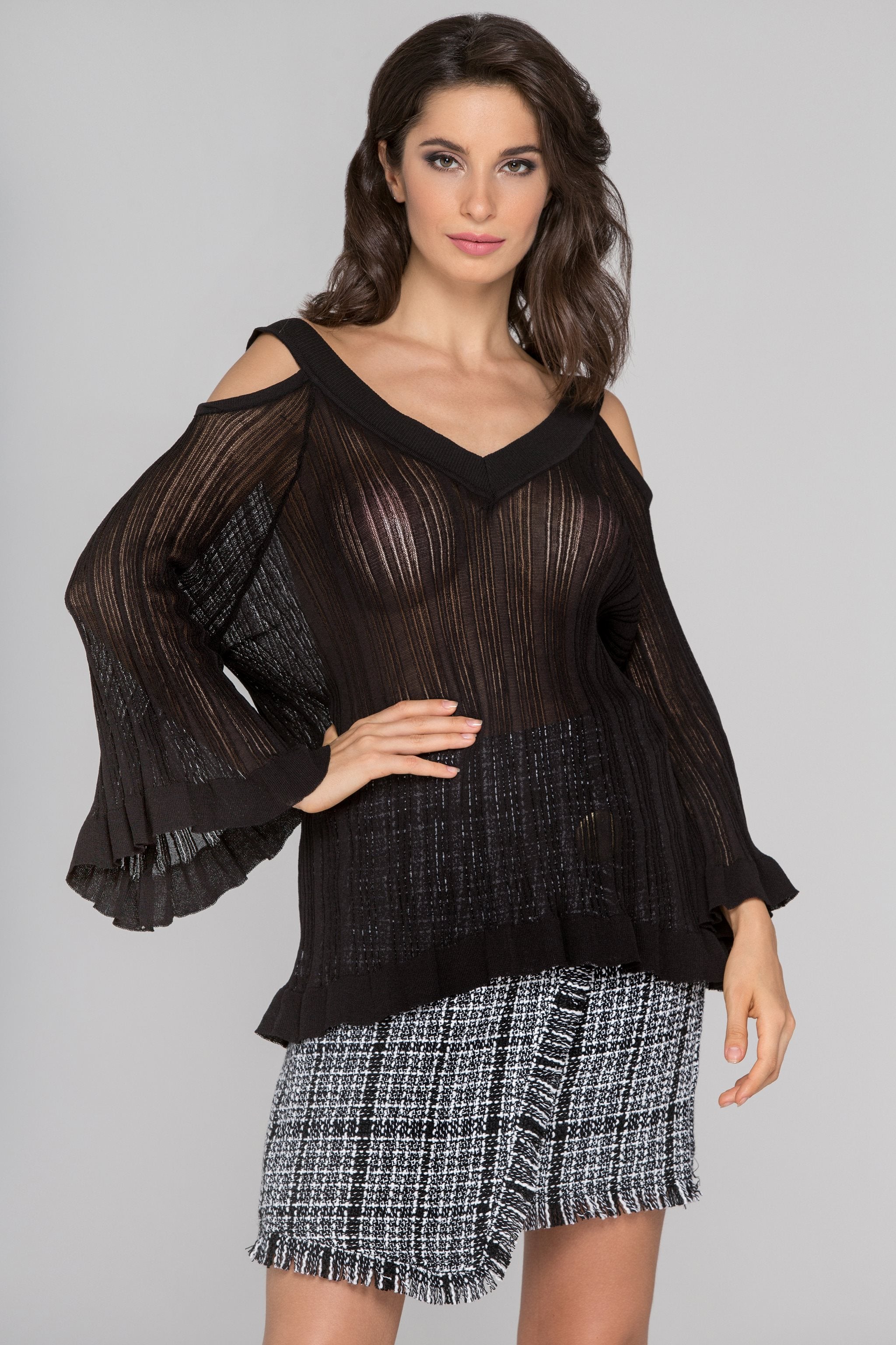 Black Sheer Knit Flare Sleeve Cold Shoulder Top