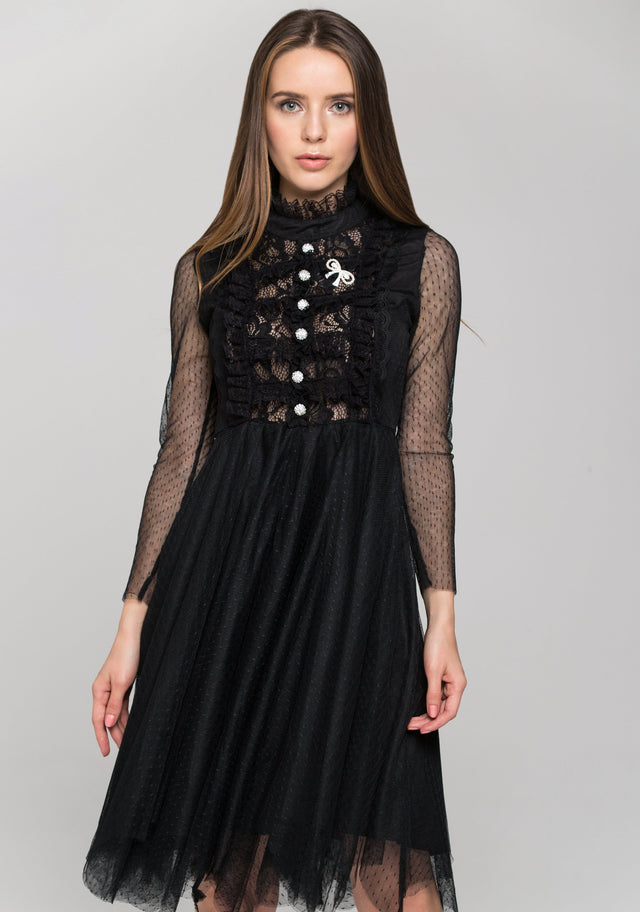 Black Sheer Sleeved Lace Bib Midi Dress