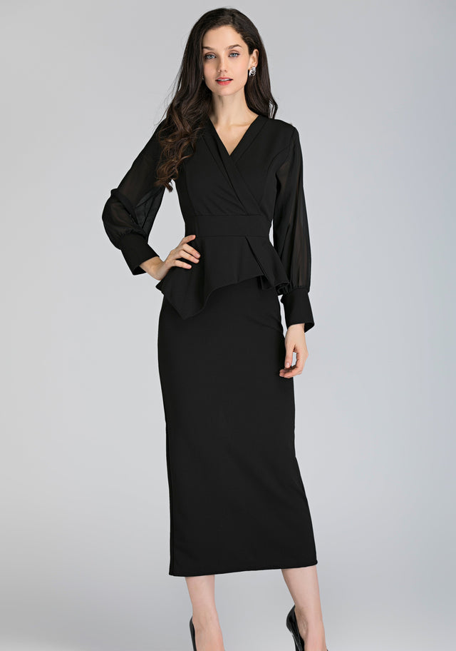 Black Sheer Sleeved Wrap Peplum Maxi Dress
