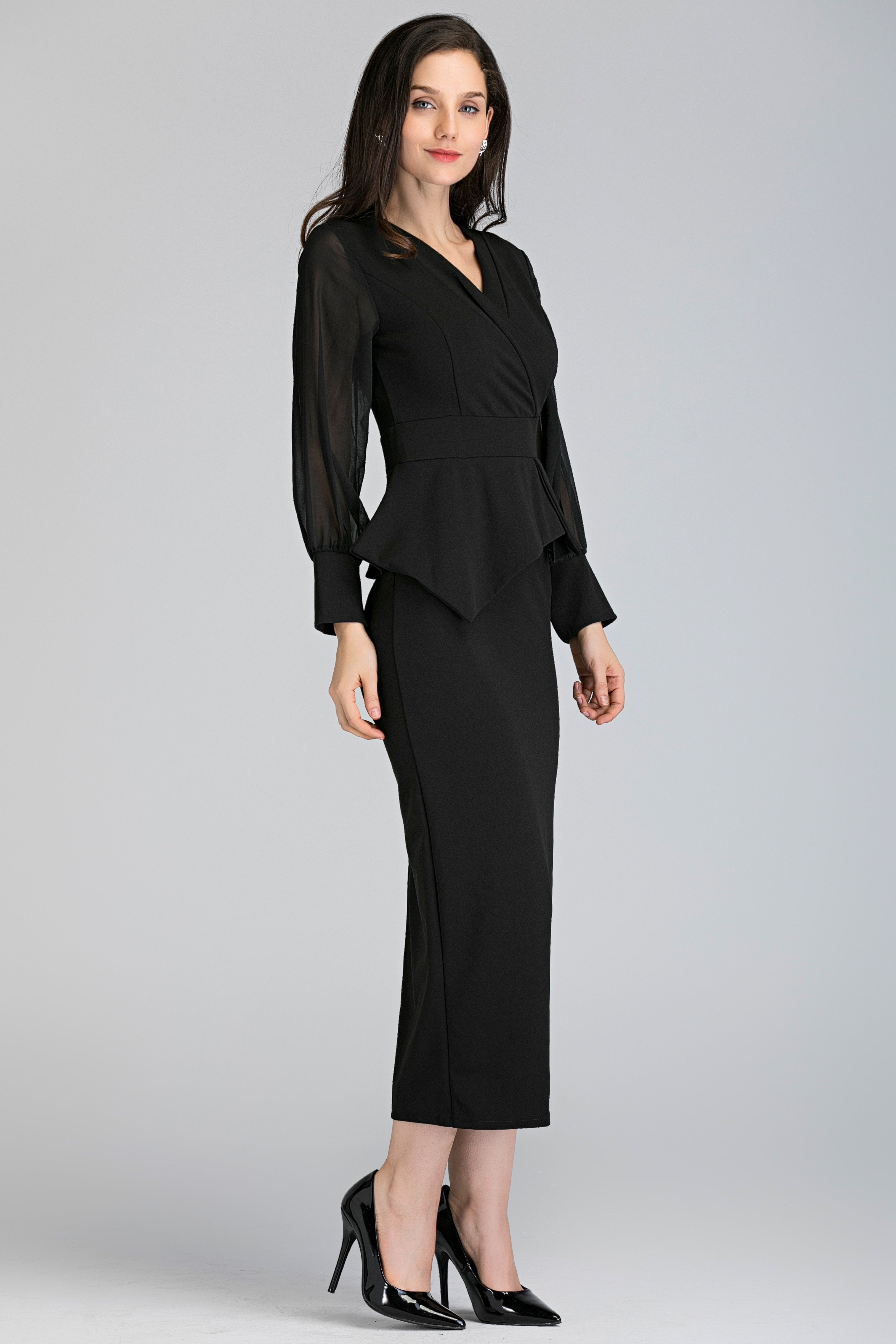 Black Sheer Sleeved Wrap Peplum Maxi Dress