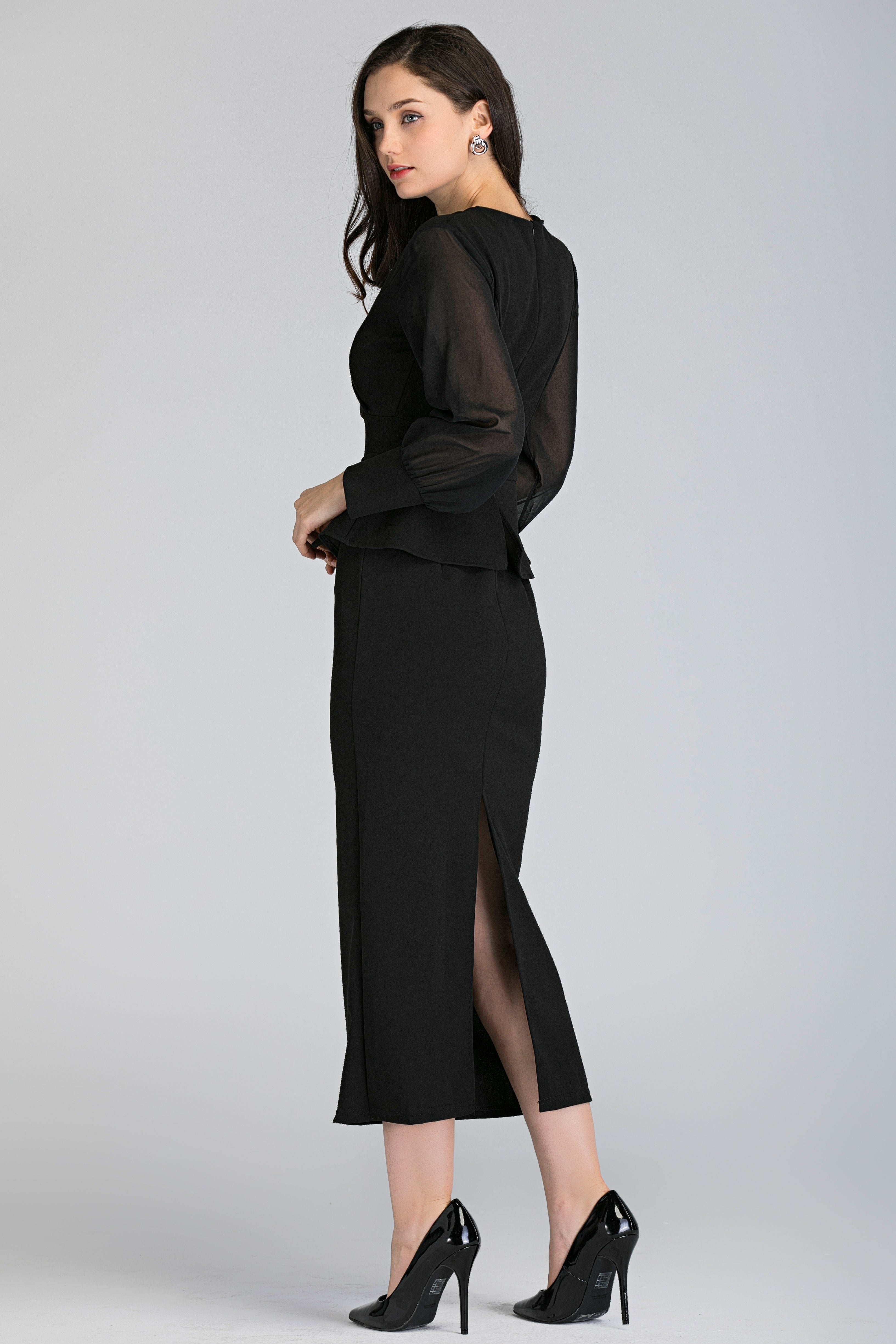 Black Sheer Sleeved Wrap Peplum Maxi Dress
