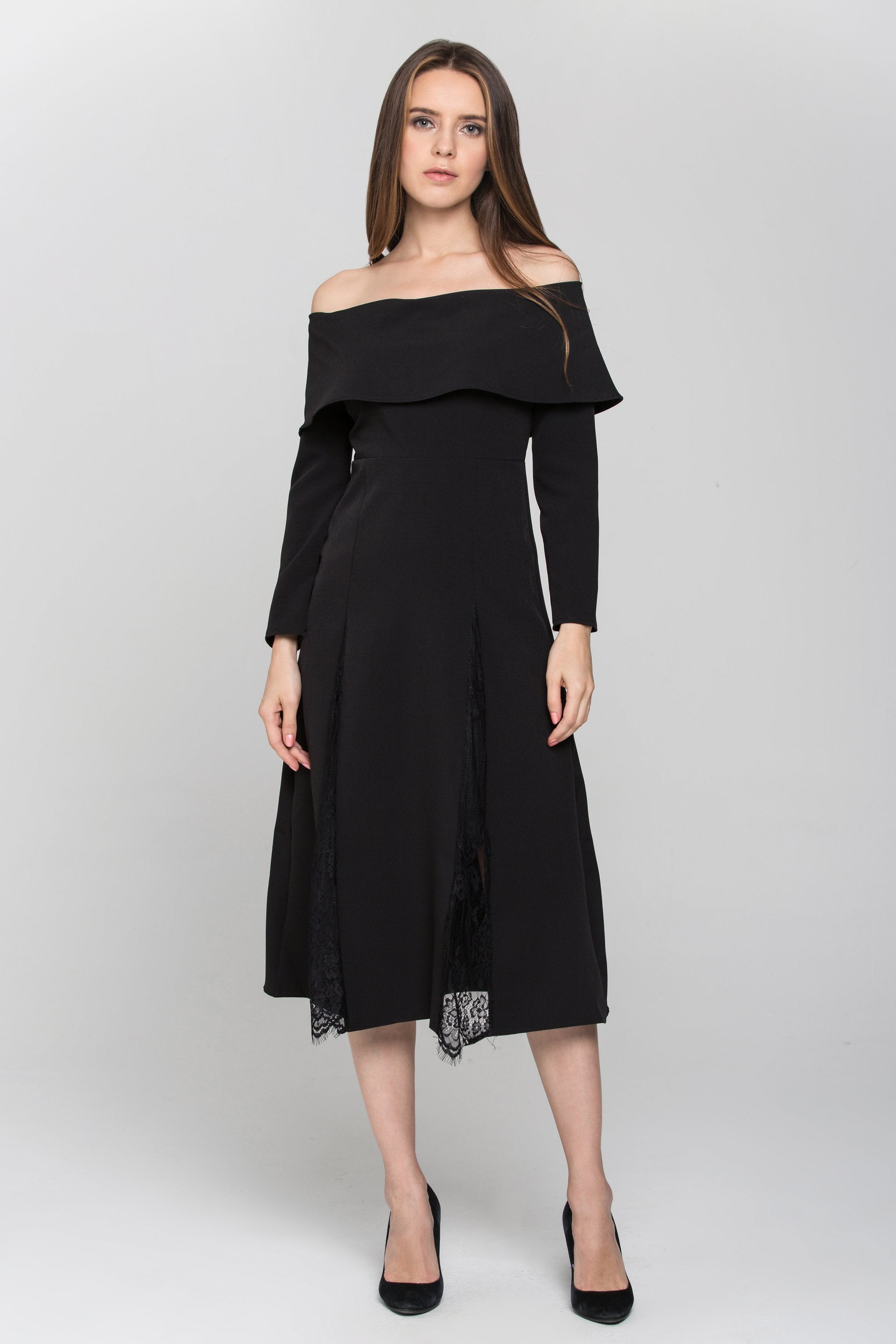 Black Sleeved Bardot Lace Panel Maxi Dress