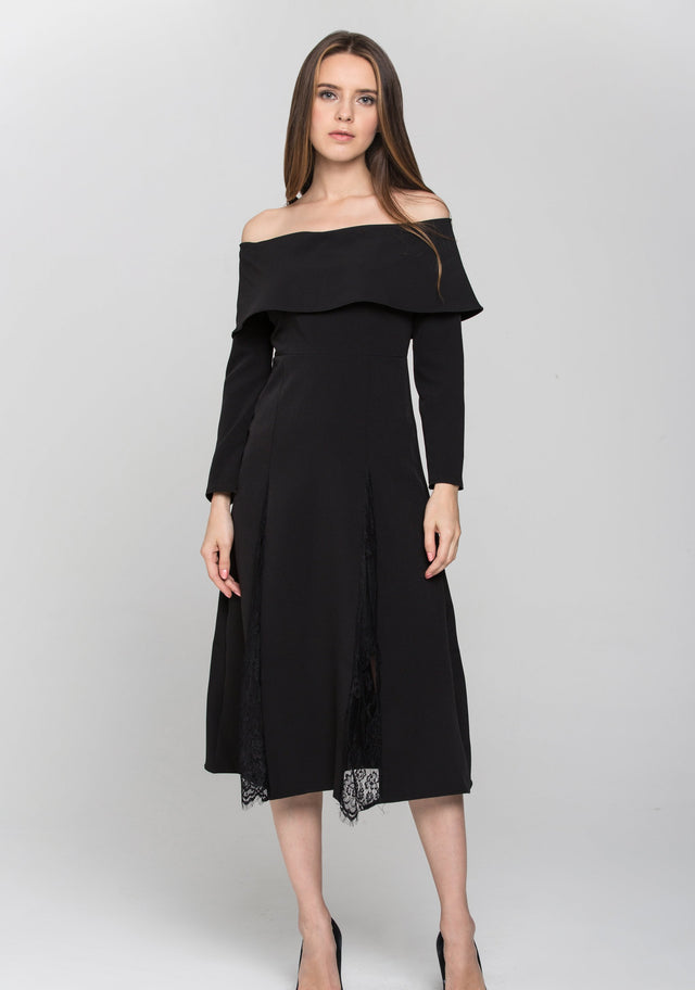 Black Sleeved Bardot Lace Panel Maxi Dress