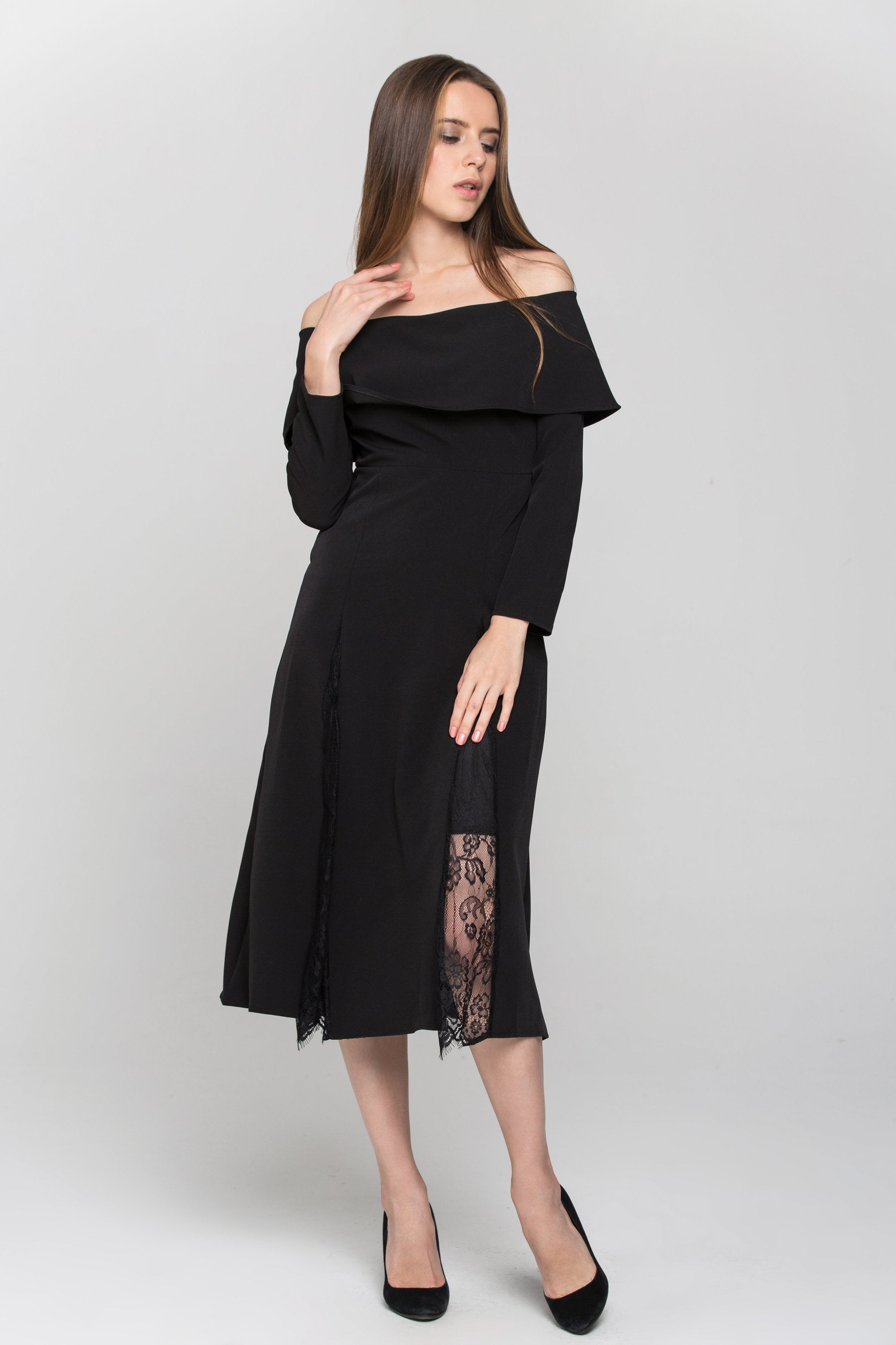 Black Sleeved Bardot Lace Panel Maxi Dress