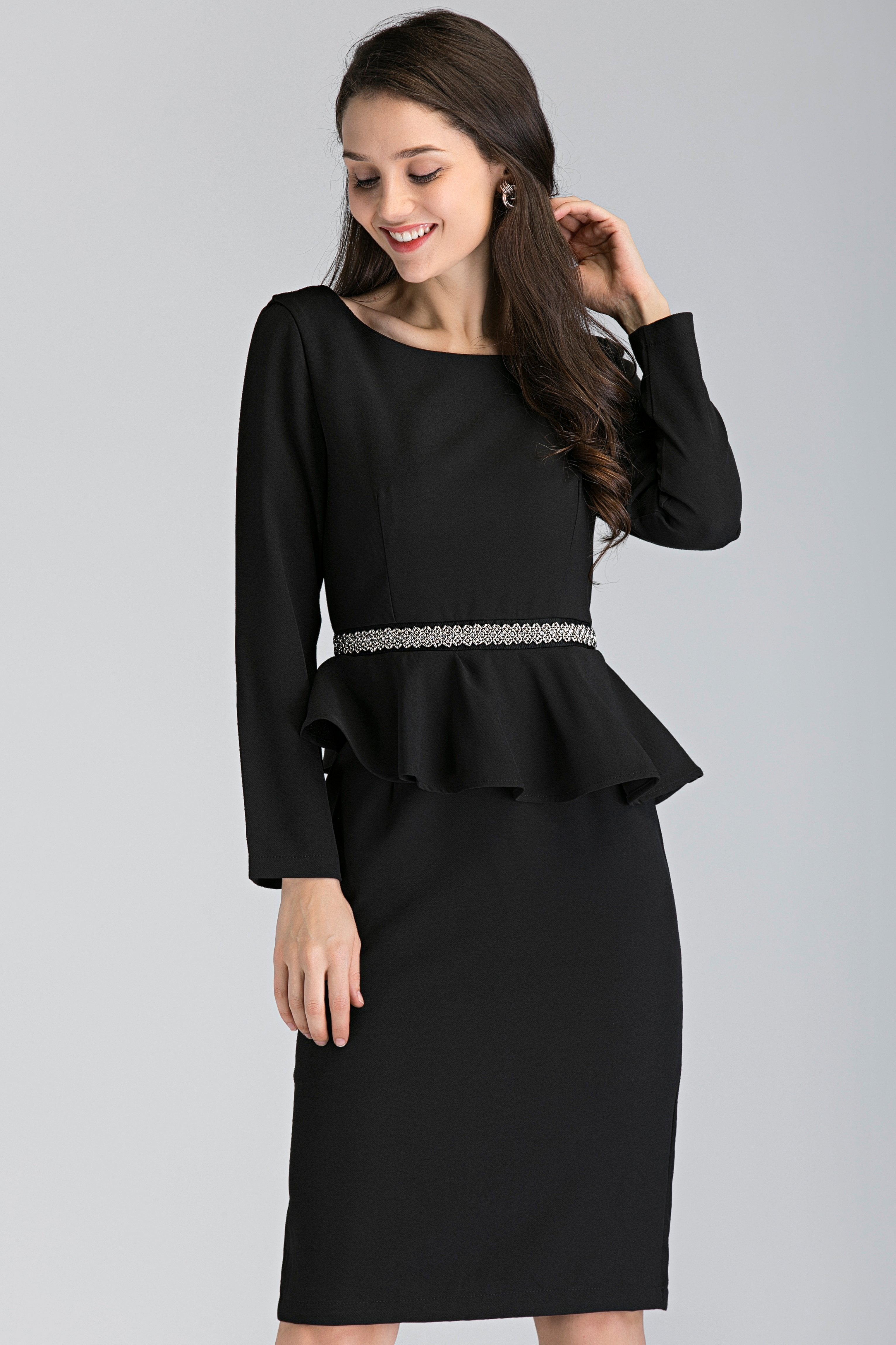 Black Sleeved Jewel Waist Peplum Midi Dress