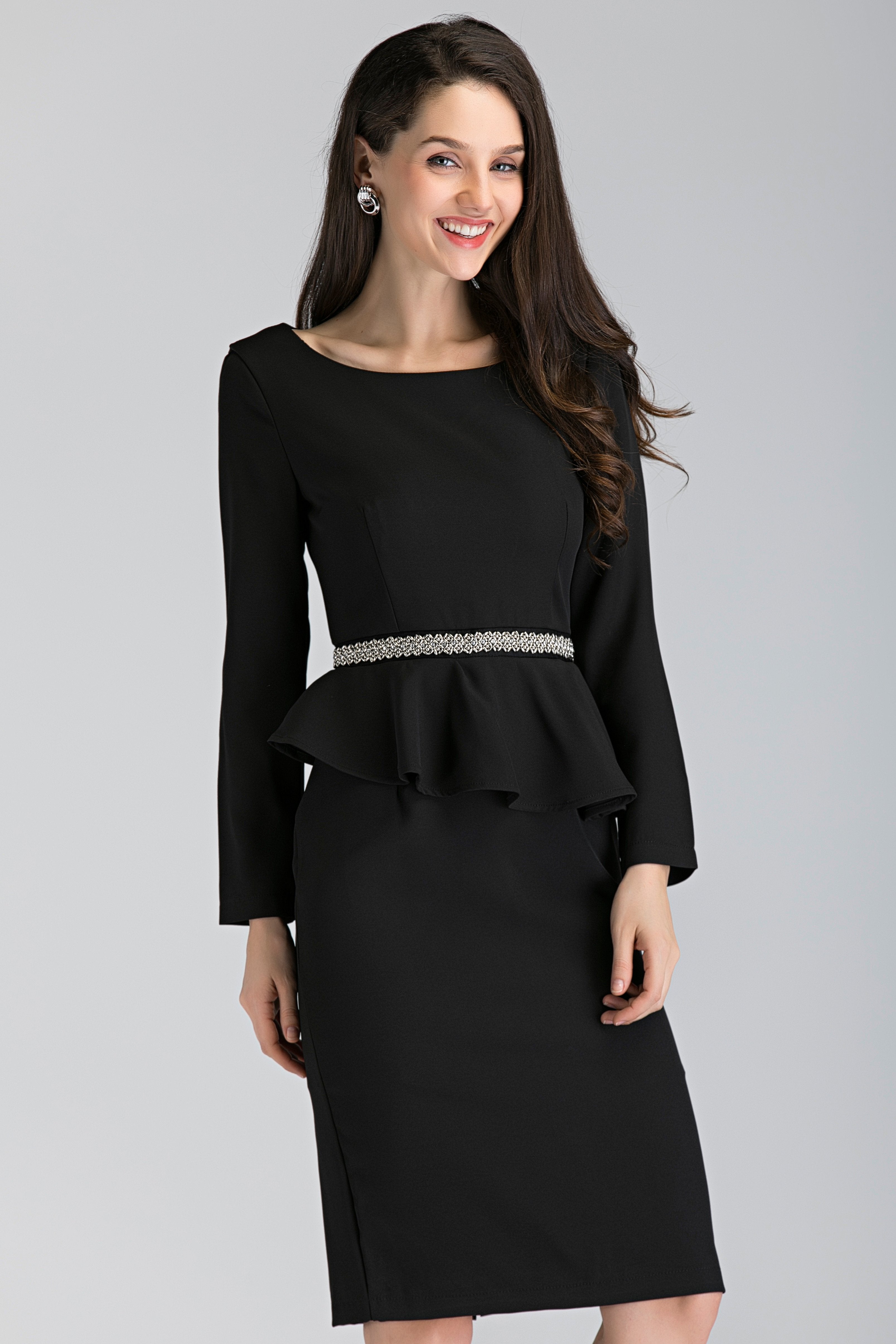 Black Sleeved Jewel Waist Peplum Midi Dress