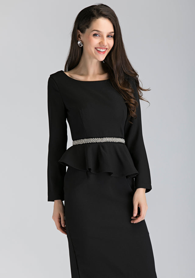 Black Sleeved Jewel Waist Peplum Midi Dress