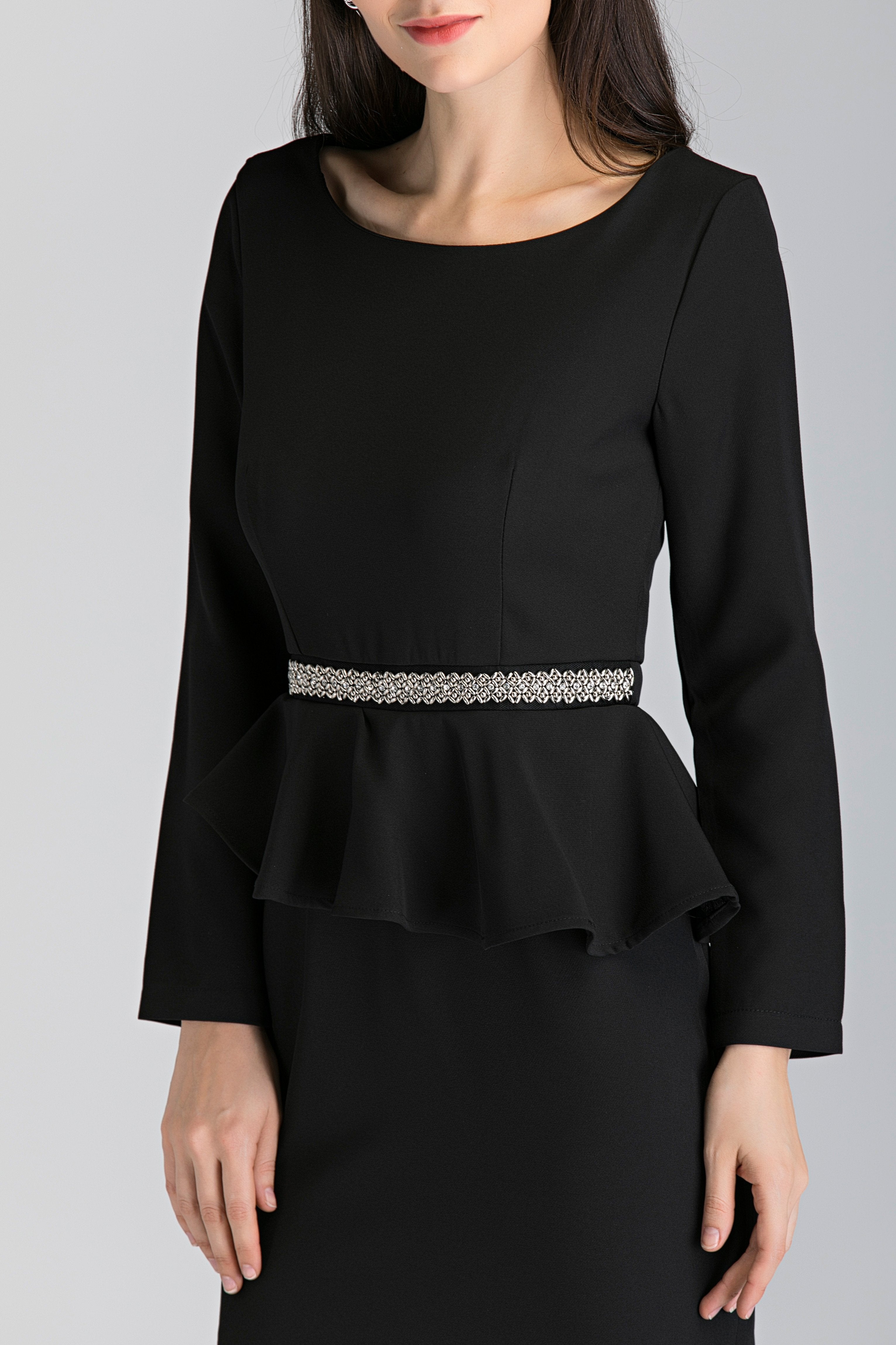 Black Sleeved Jewel Waist Peplum Midi Dress