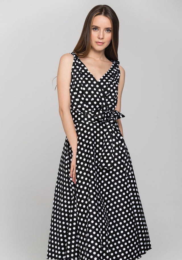 Black Sleeveless Polka dot Midi Dress