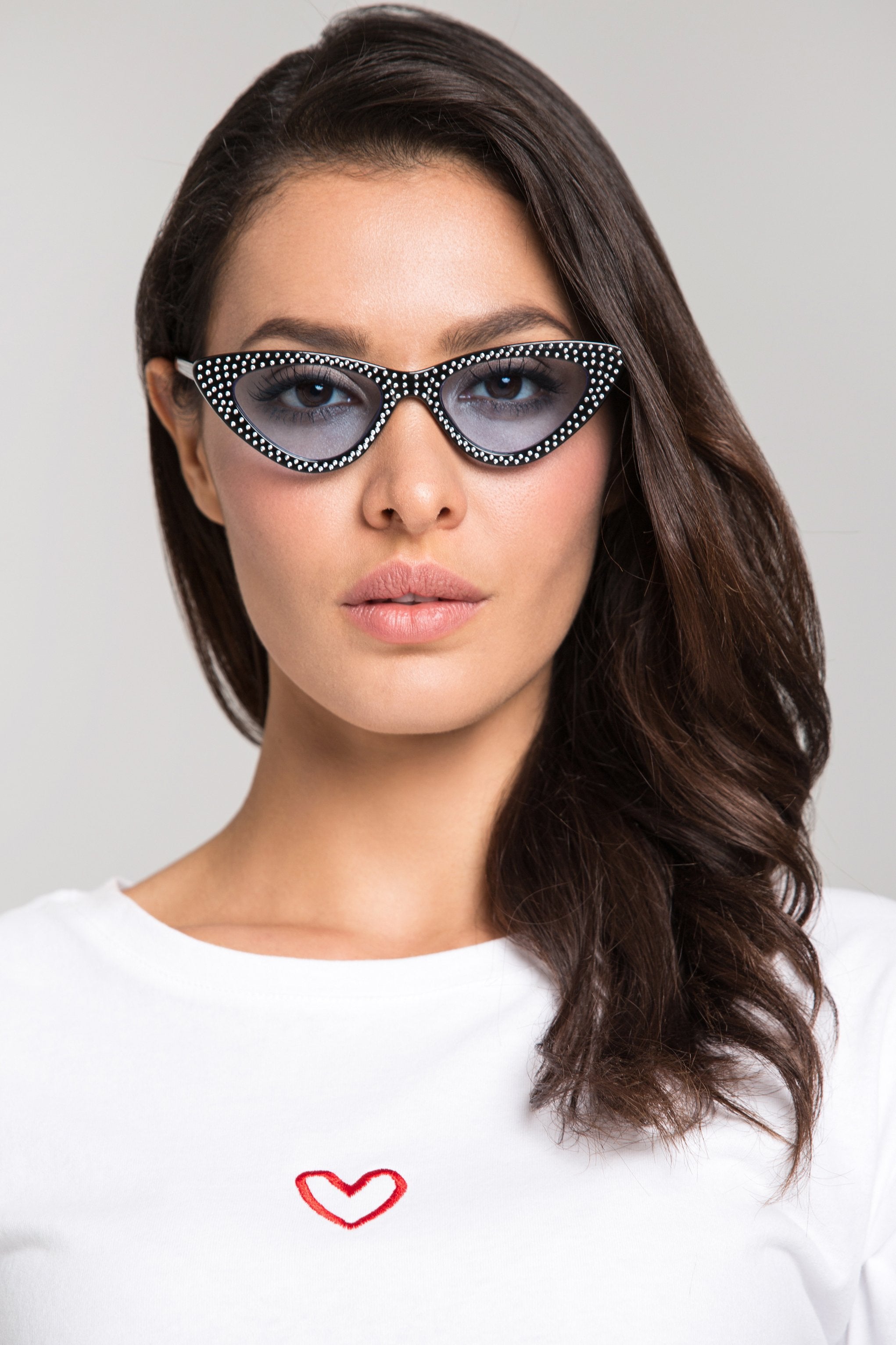 Black Studded Blue Lens Cat Eye Sunglasses