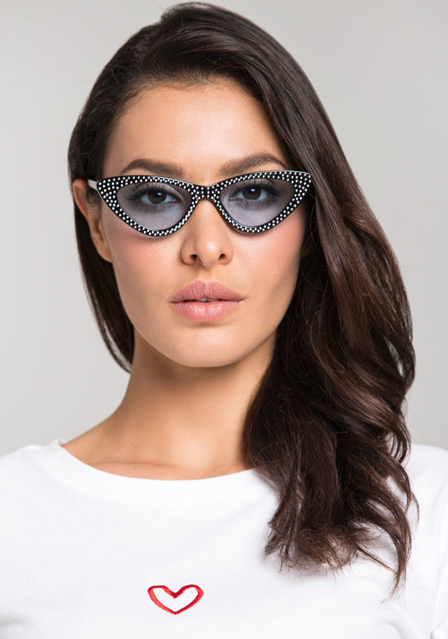Black Studded Blue Lens Cat Eye Sunglasses