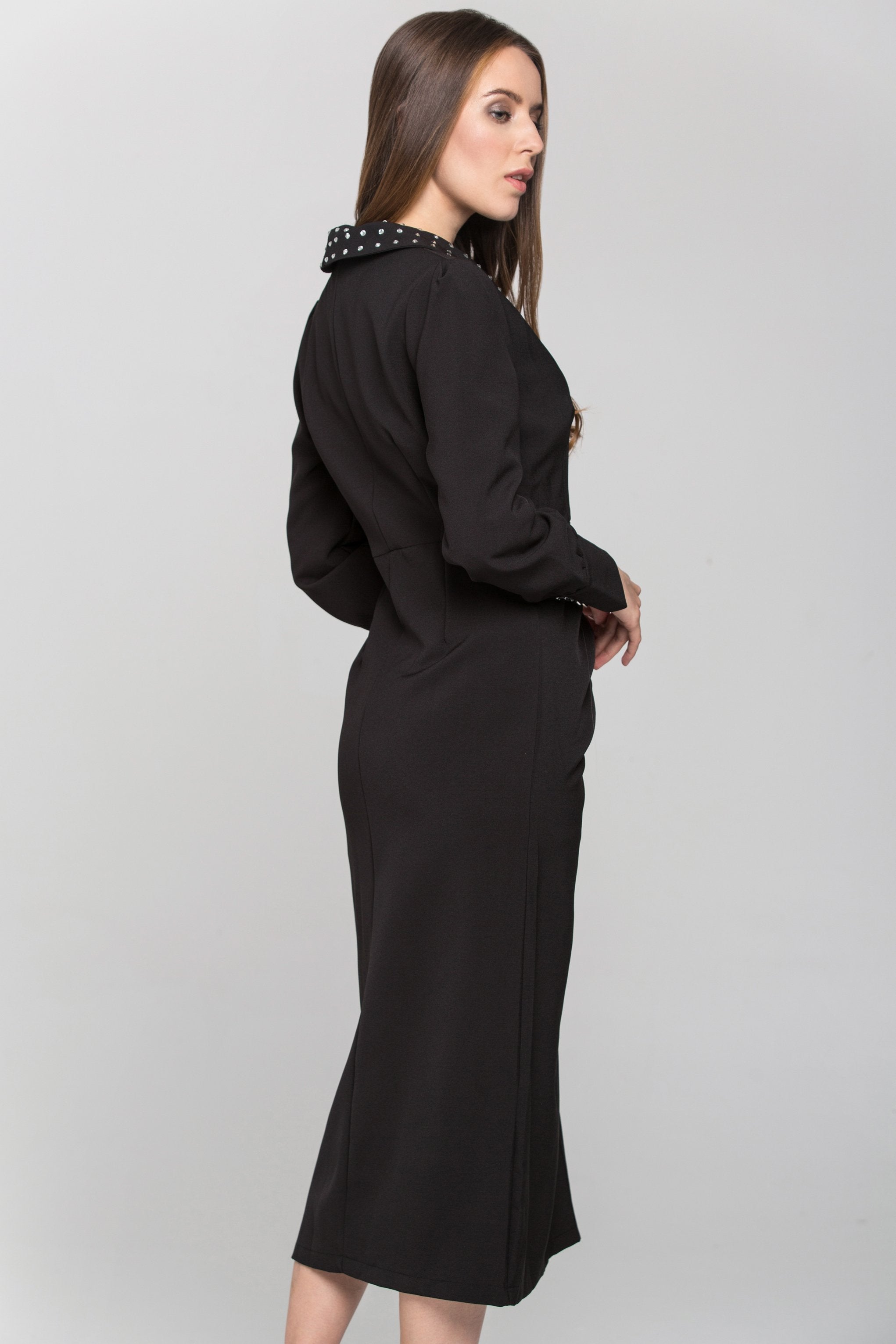 Black Studded Collar Side Button Midi Dress