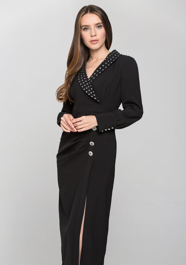 Black Studded Collar Side Button Midi Dress