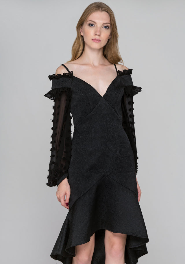 Black Swan Sheer Puff Sleeve Midi Dress