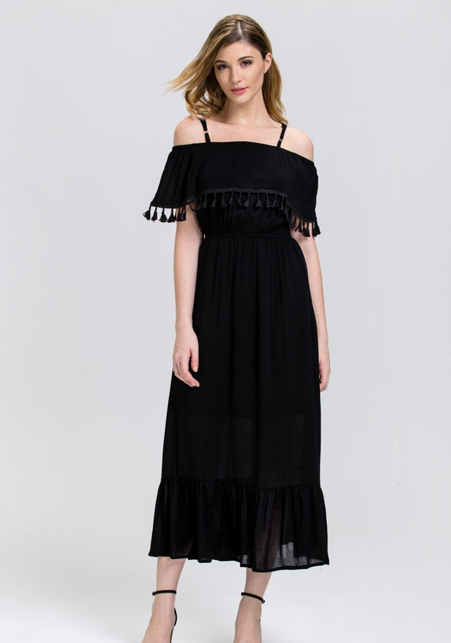 Black Tassel Trim off the Shoulder Summer Maxi Dress
